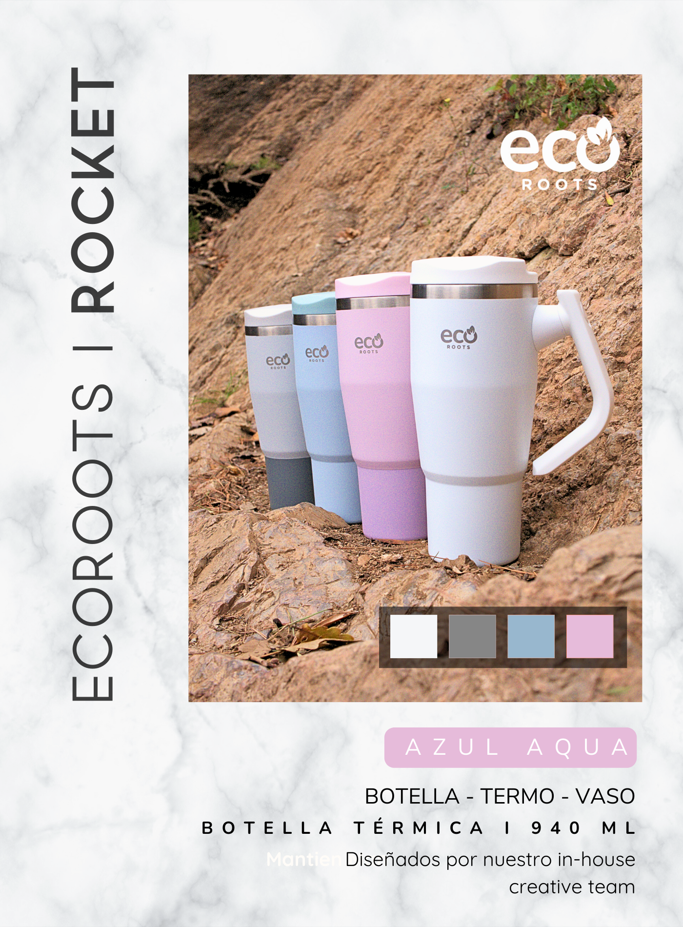 ECOROOTS I Rocket Active I Botella Térmica I Termo I Asa móvil I Rosa Blush I 940 ml