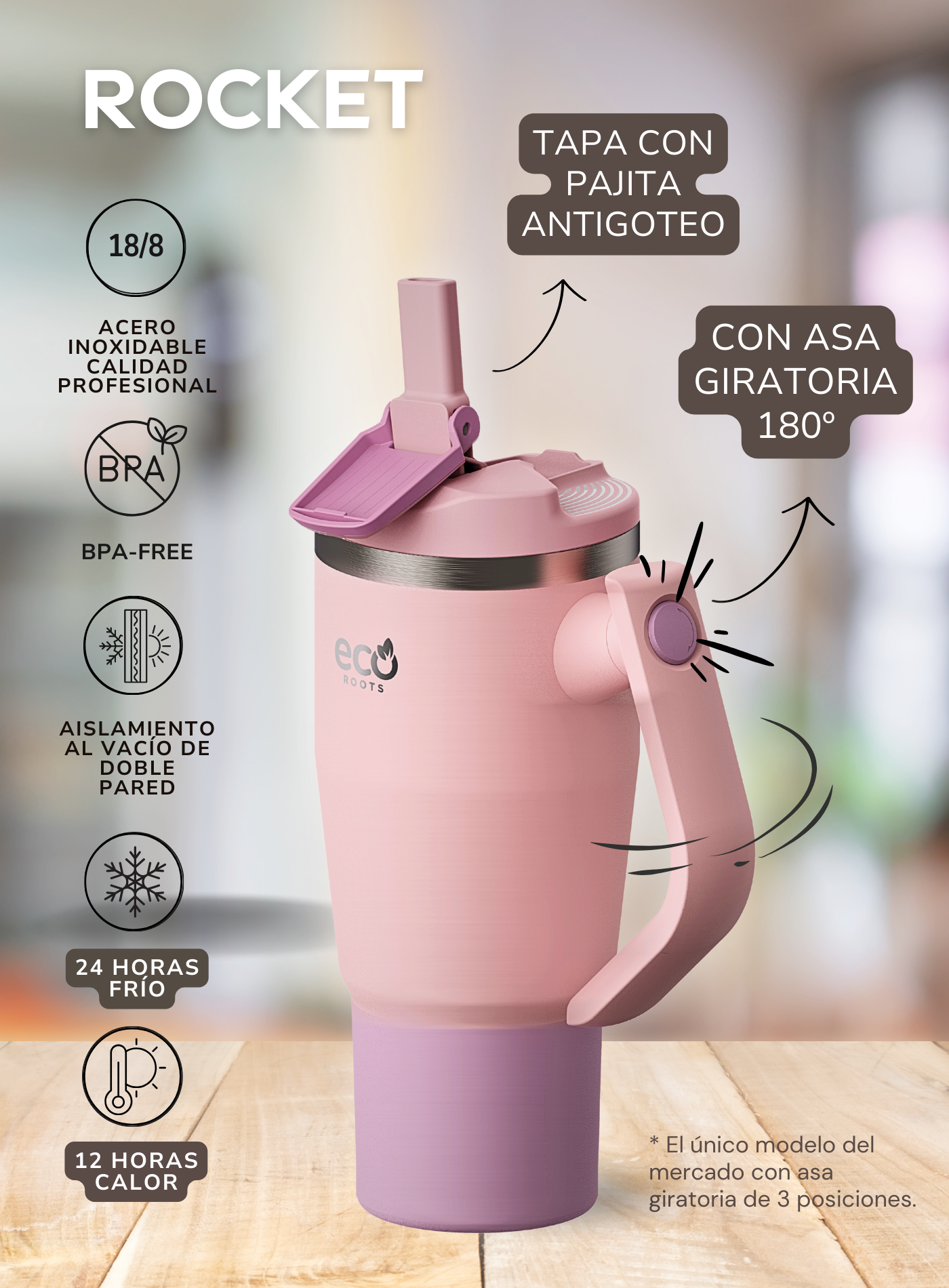 ECOROOTS I Rocket Active I Botella Térmica I Termo I Asa móvil I Rosa Blush I 940 ml