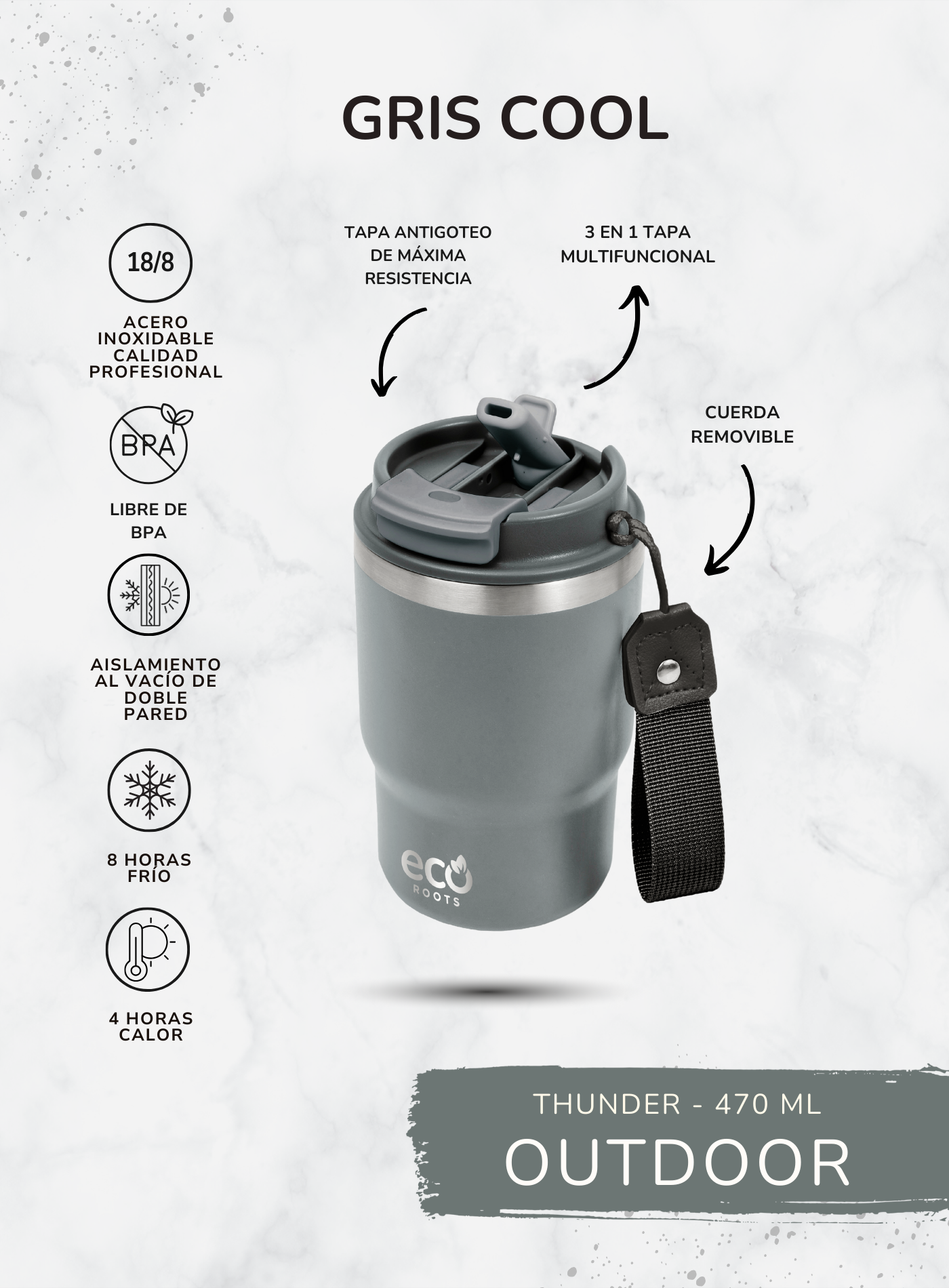 ECOROOTS I Thunder Outdoor I Termo I Vaso térmico I Gris Cool I 470 ml 🛒 (PRÓXIMAMENTE)