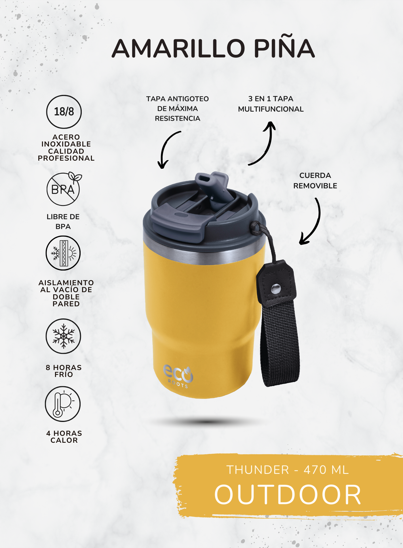 ECOROOTS I Thunder Outdoor I Termo I Vaso térmico I Amarillo Piña I 470 ml 🛒 (PRÓXIMAMENTE)