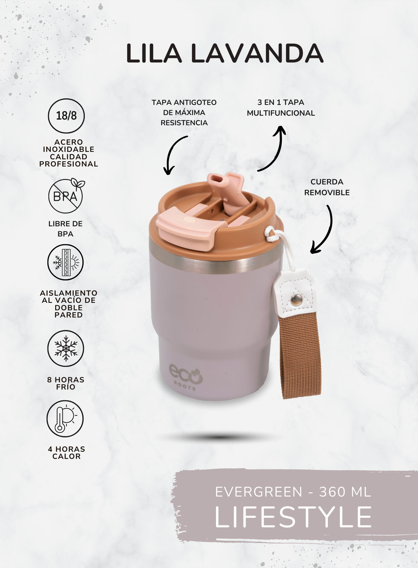 ECOROOTS I Evergreen Lifestyle I Termo I Vaso térmico I Lila Lavanda I 360 ml