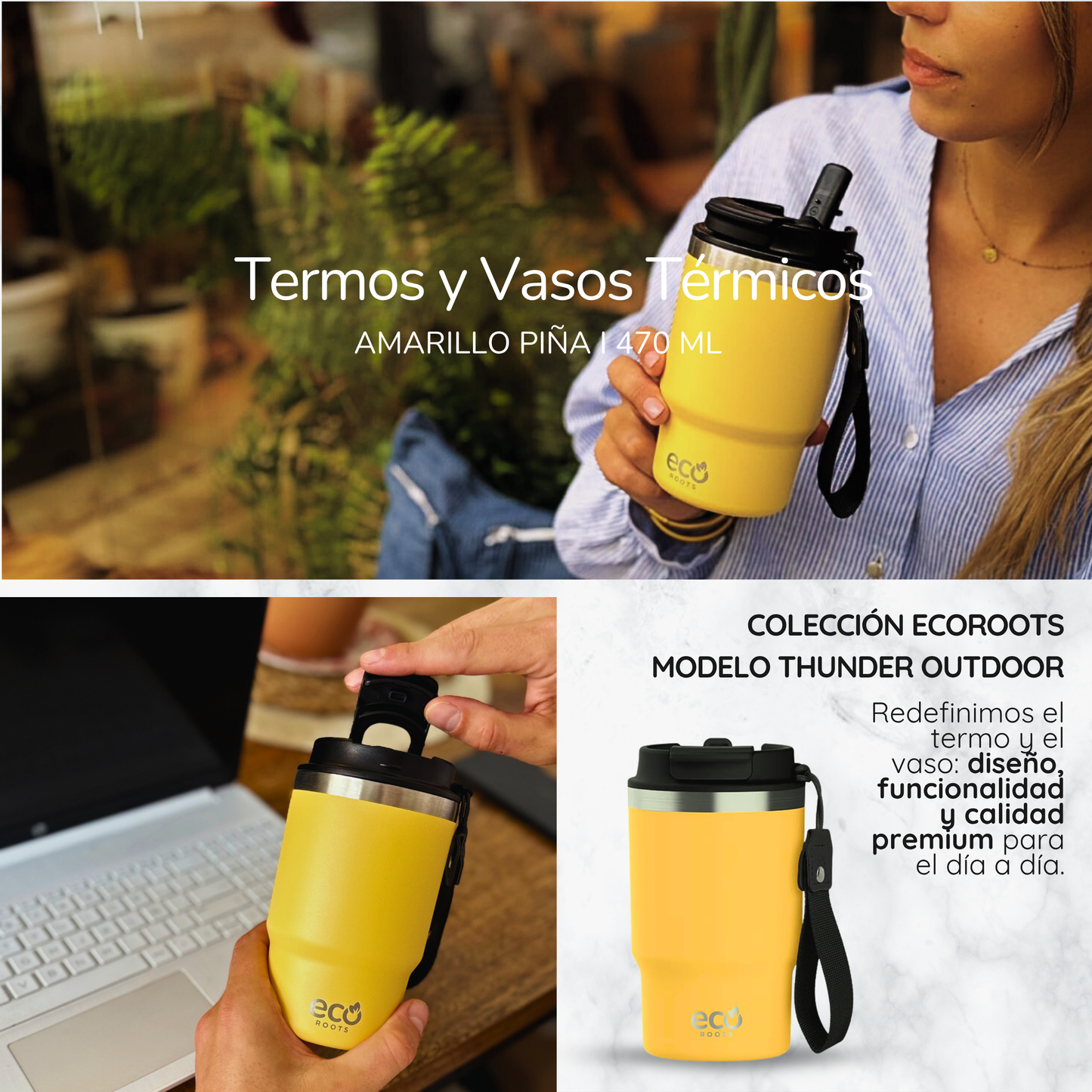 ECOROOTS Thunder I Termo 470 ml I Vaso térmico (Amarilla Piña)