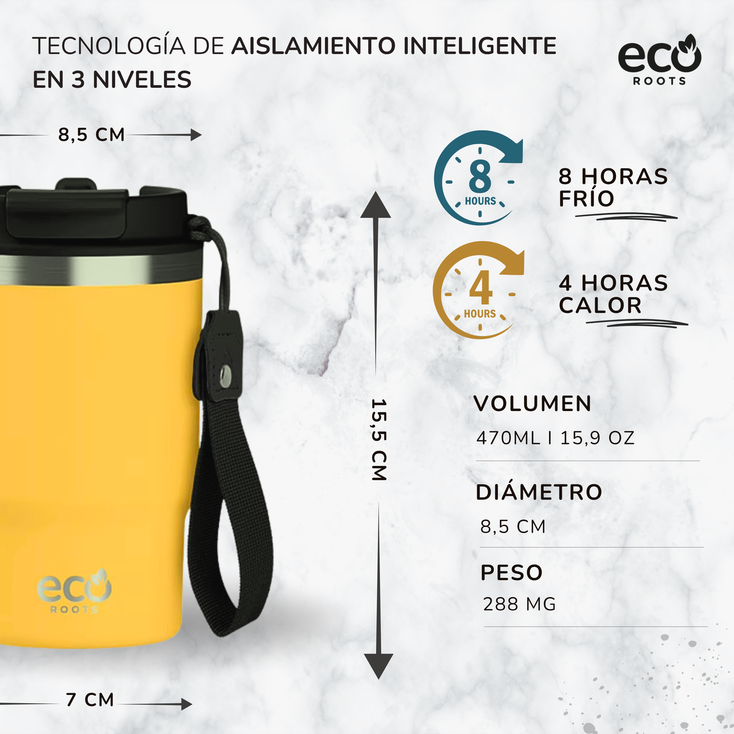 ECOROOTS Thunder I Termo 470 ml I Vaso térmico (Amarilla Piña)
