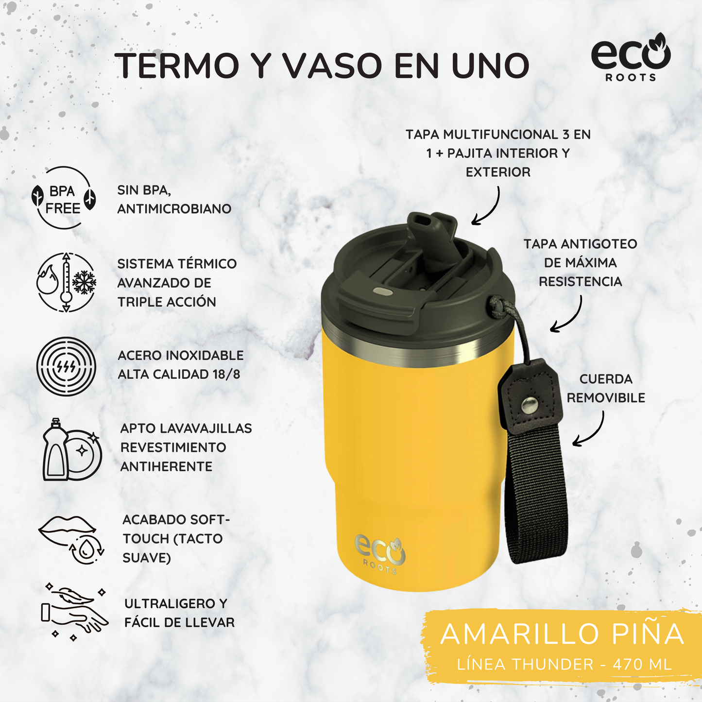 ECOROOTS Thunder I Termo 470 ml I Vaso térmico (Amarilla Piña)