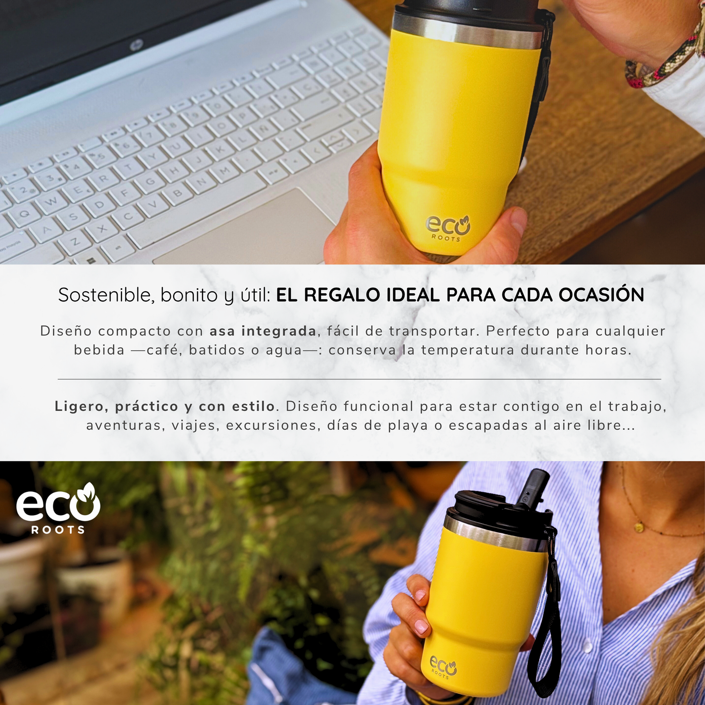 ECOROOTS Thunder I Termo 470 ml I Vaso térmico (Amarilla Piña)