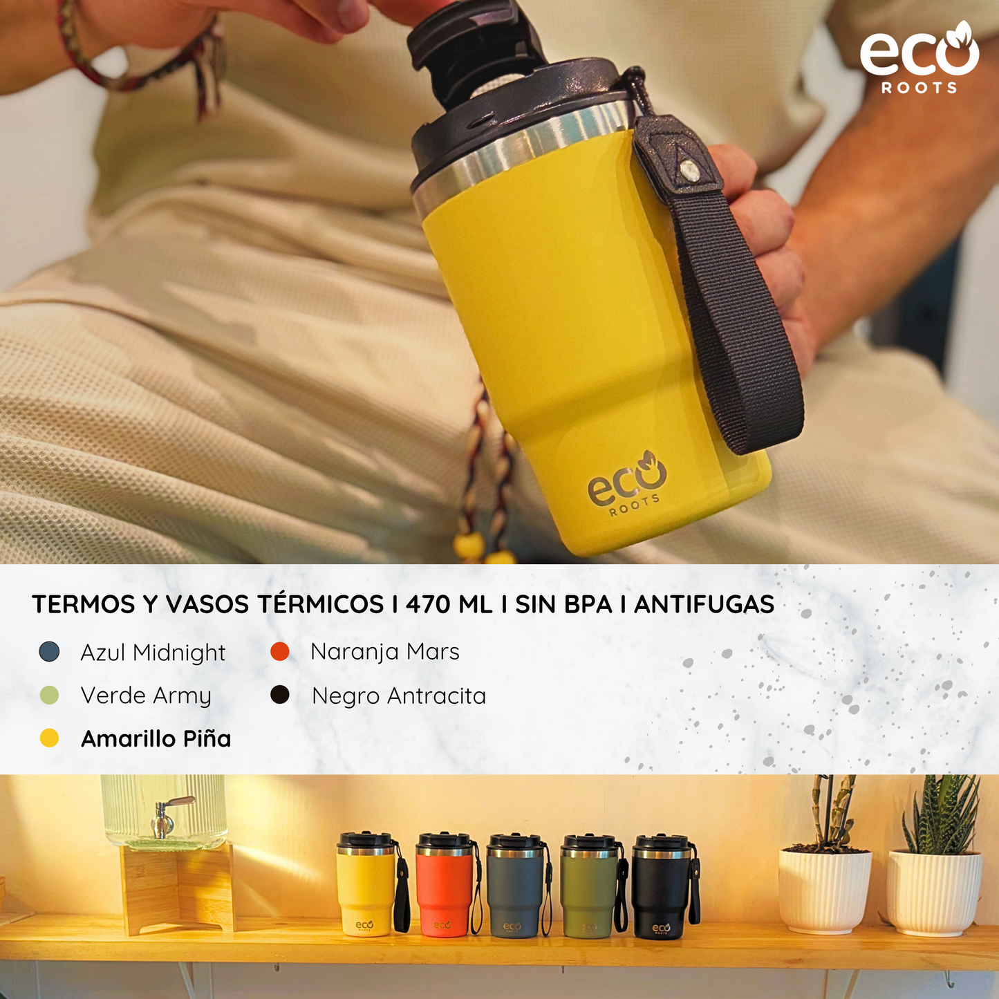 ECOROOTS Thunder I Termo 470 ml I Vaso térmico (Amarilla Piña)