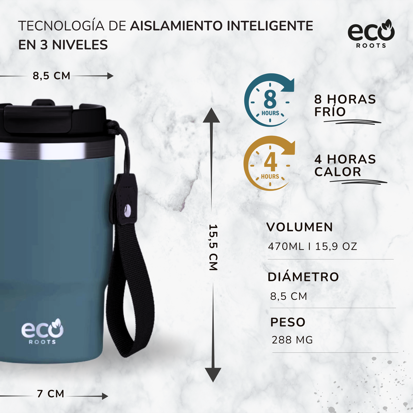 ECOROOTS Thunder I Termo 470 ml I Vaso térmico (Azul Midnight)