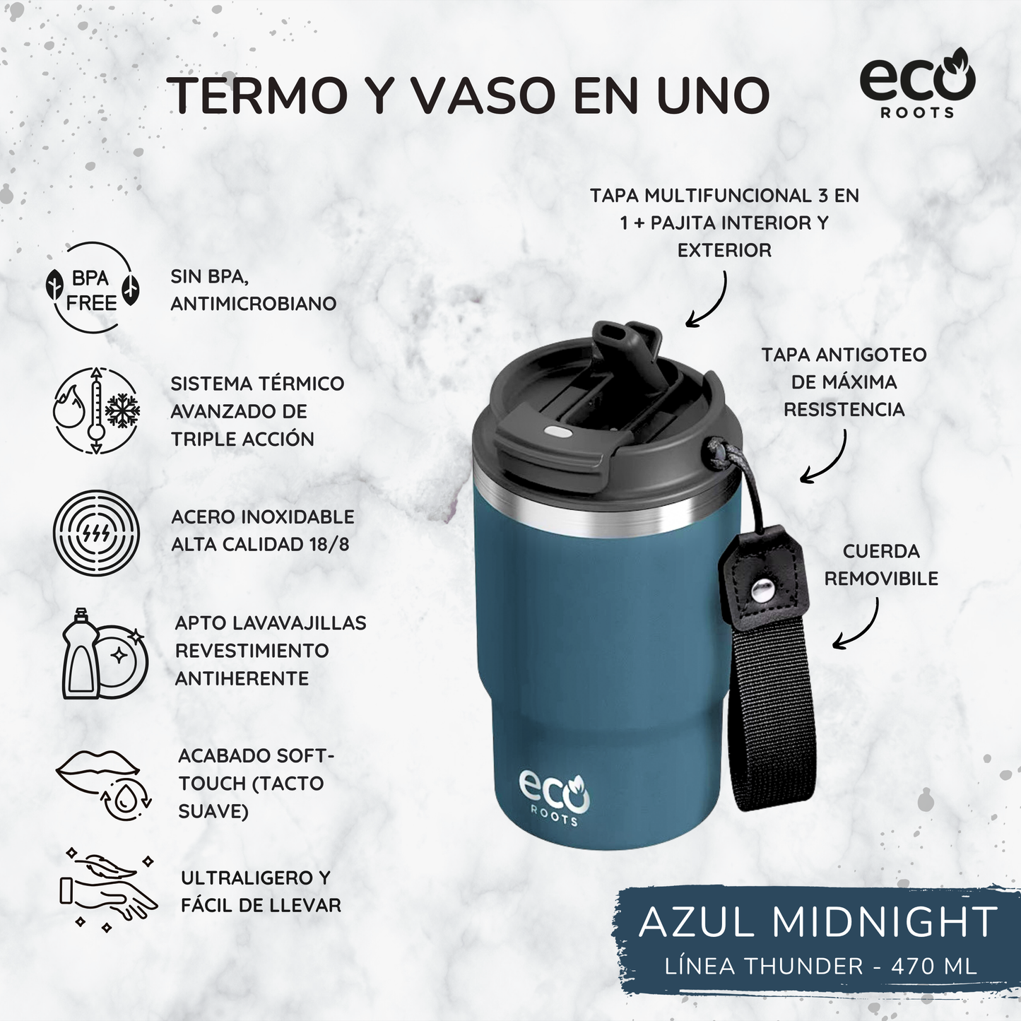 ECOROOTS Thunder I Termo 470 ml I Vaso térmico (Azul Midnight)