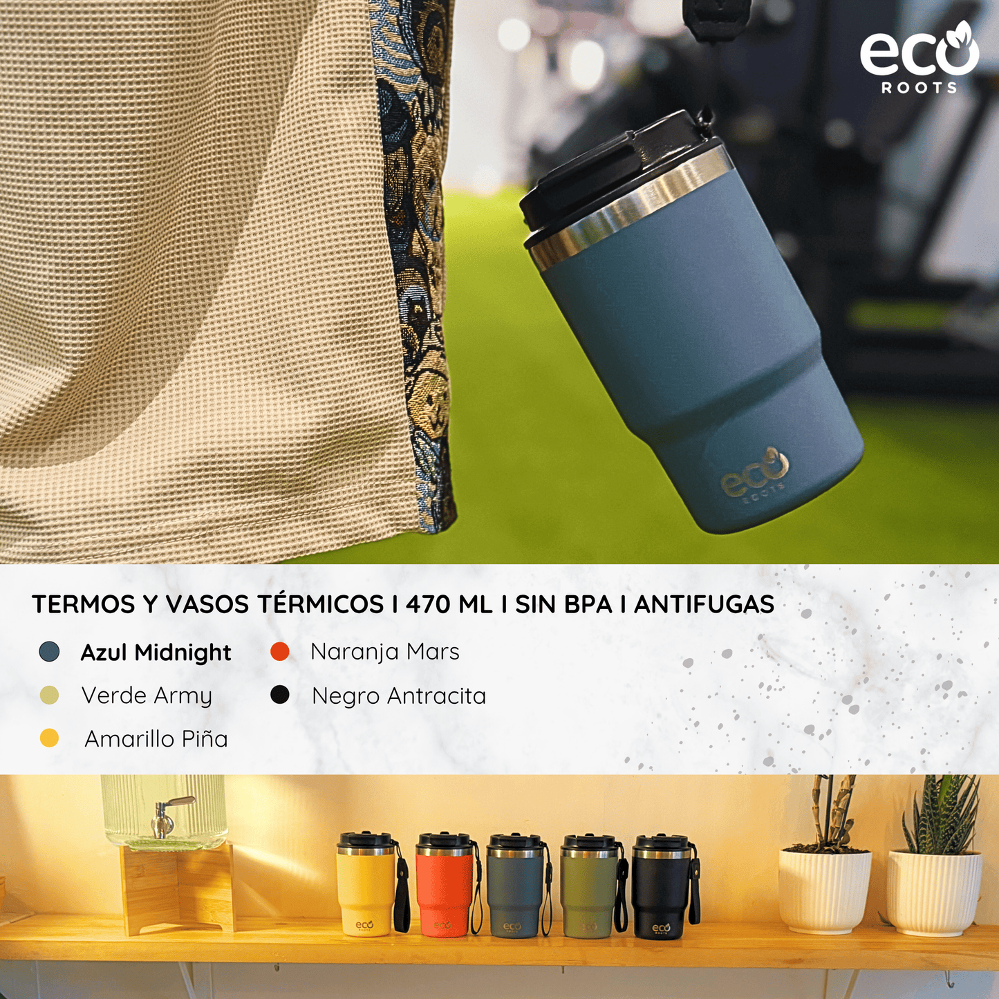 ECOROOTS Thunder I Termo 470 ml I Vaso térmico (Azul Midnight)