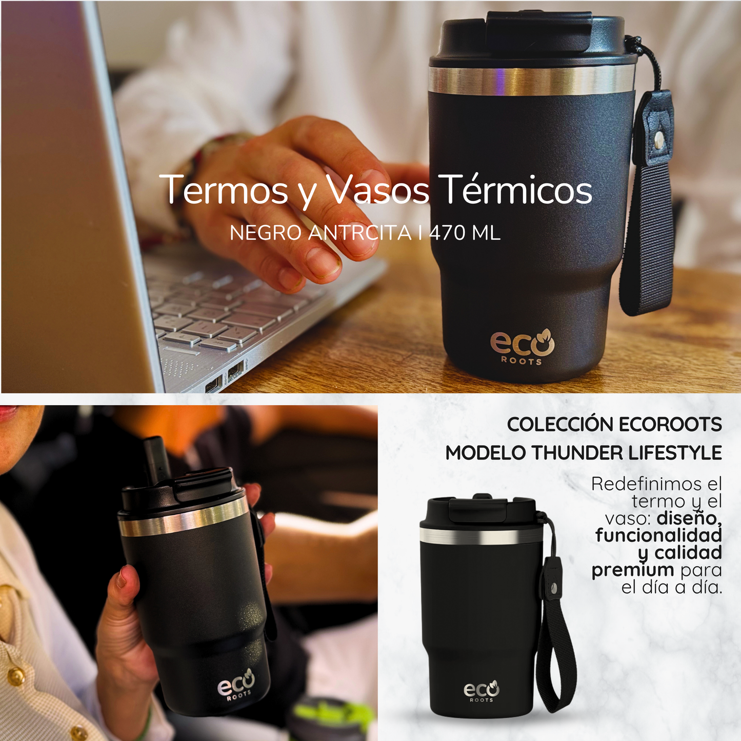 ECOROOTS Thunder I Termo 470 ml I Vaso térmico (Negro Antracita)