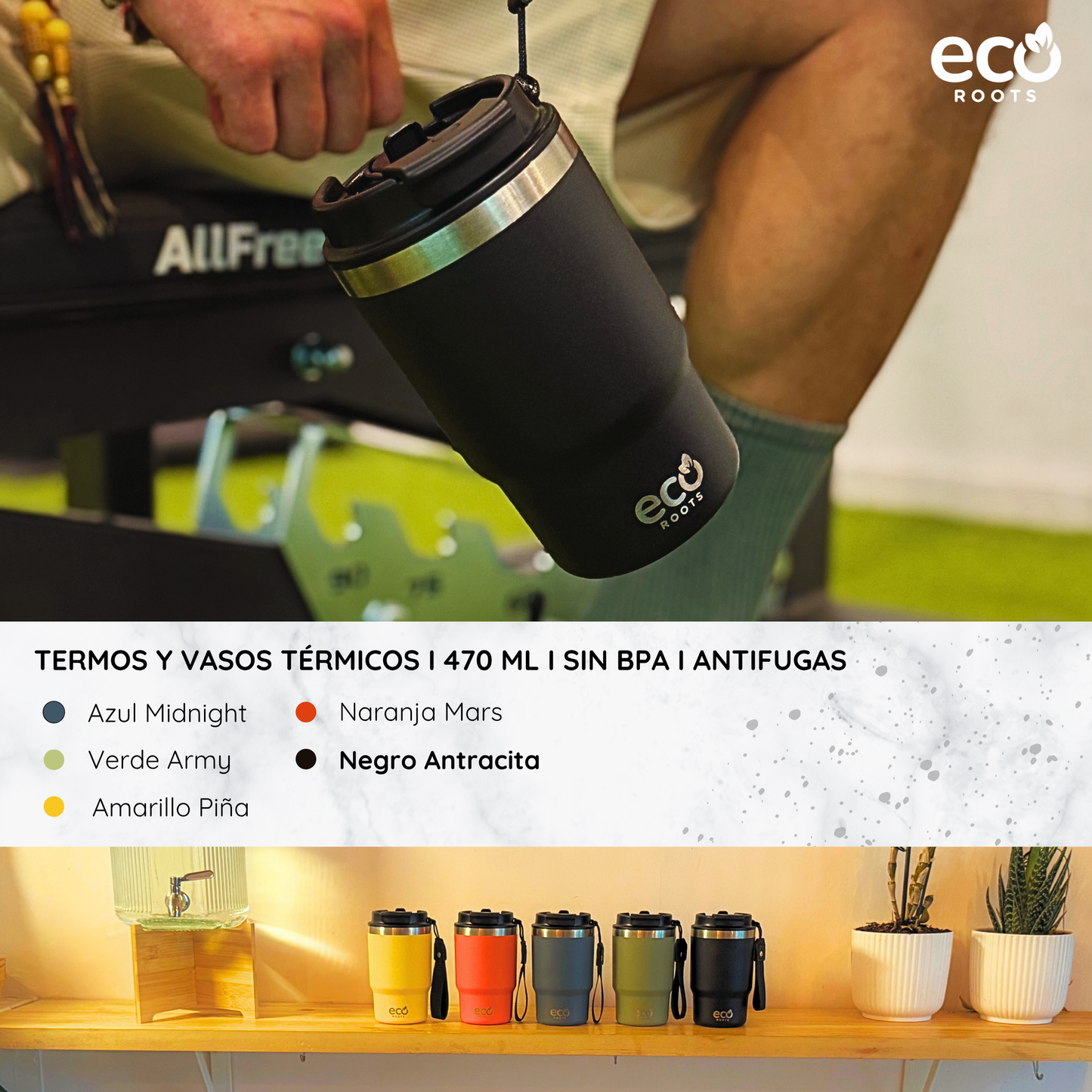 ECOROOTS Thunder I Termo 470 ml I Vaso térmico (Negro Antracita)
