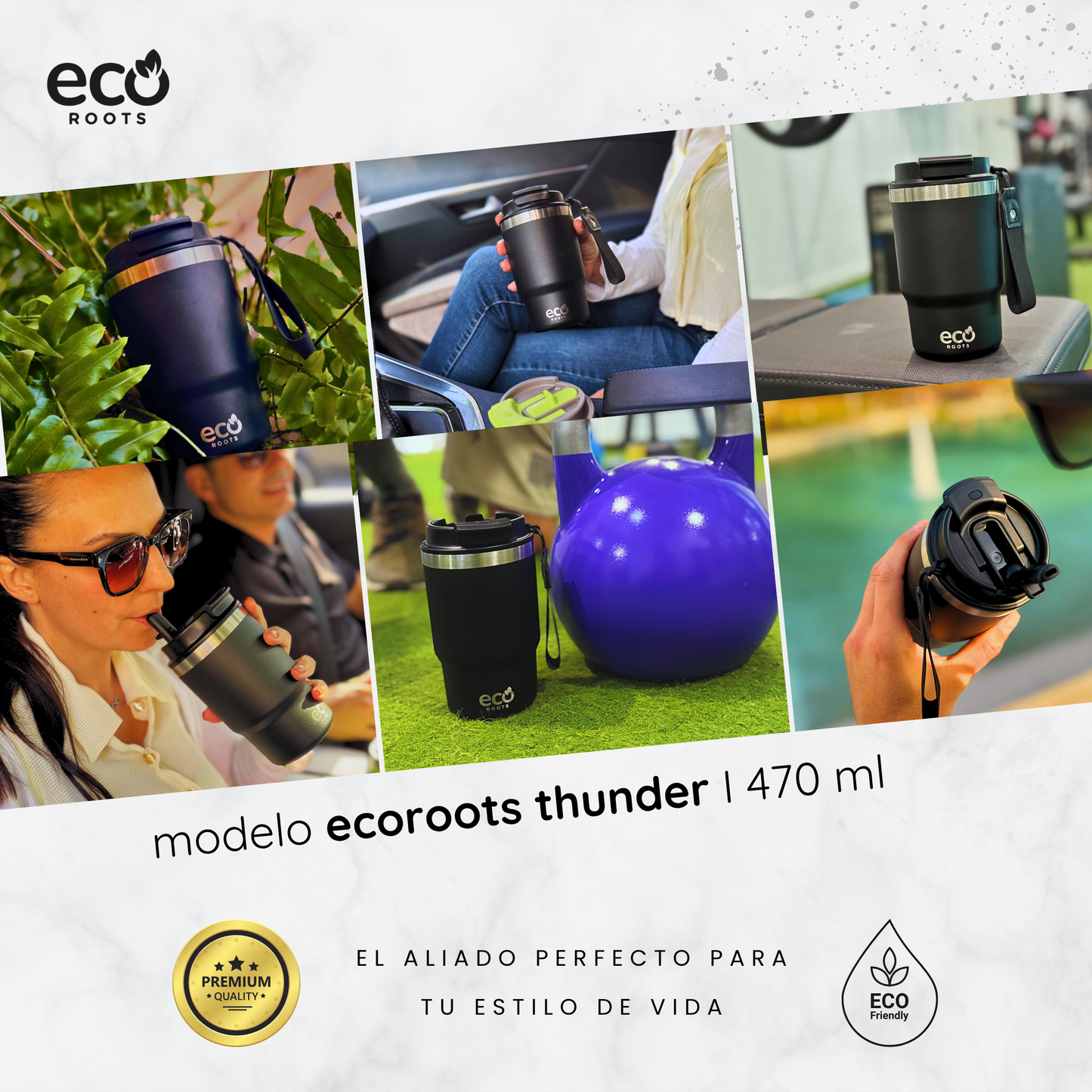 ECOROOTS Thunder I Termo 470 ml I Vaso térmico (Negro Antracita)