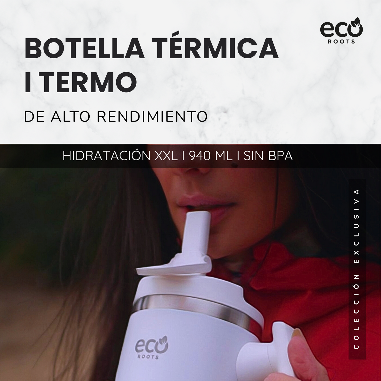 ECOROOTS Rocket I Botella Térmica I Termo 940 ml I Asa Giratoria 180º (Blanco Snow)