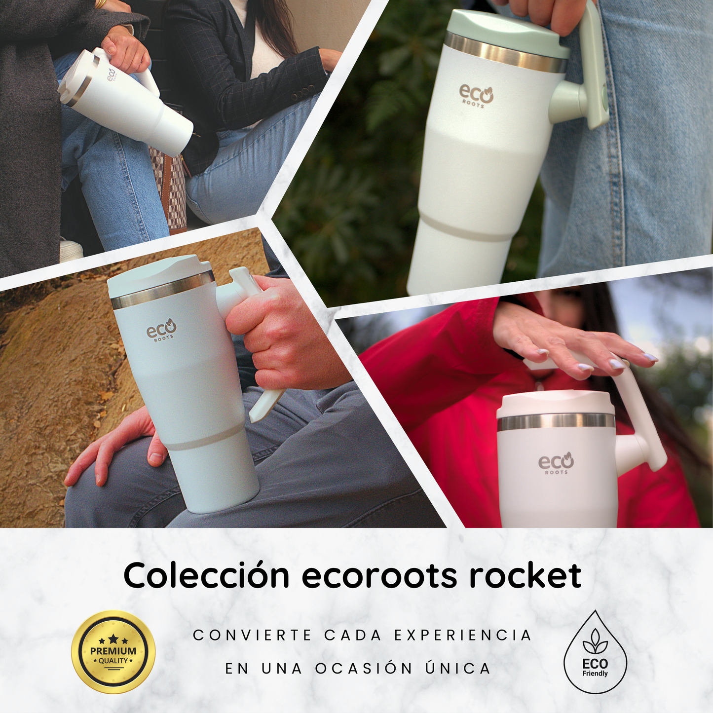 ECOROOTS Rocket I Botella Térmica I Termo 940 ml I Asa Giratoria 180º (Blanco Snow)