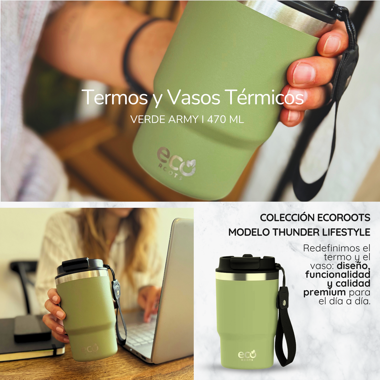 ECOROOTS Thunder I Termo 470 ml I Vaso térmico (Verde Army)