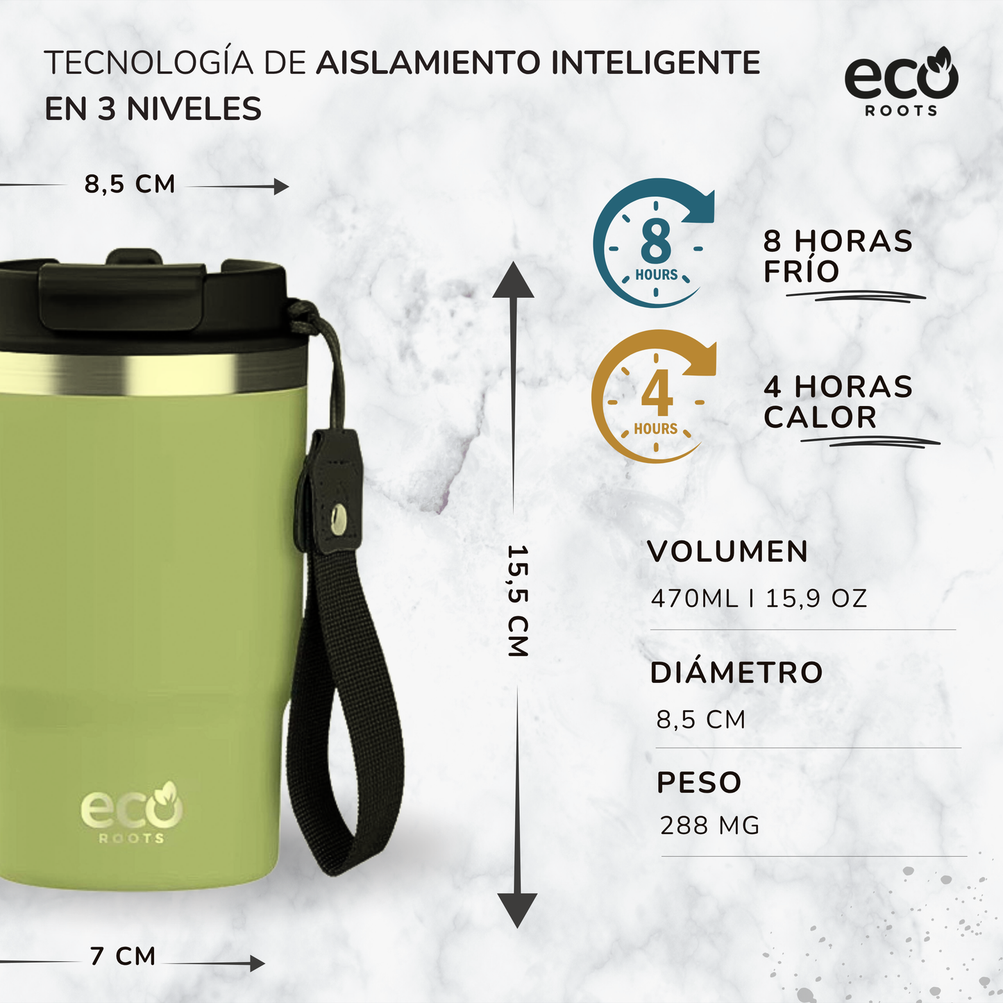 ECOROOTS Thunder I Termo 470 ml I Vaso térmico (Verde Army)
