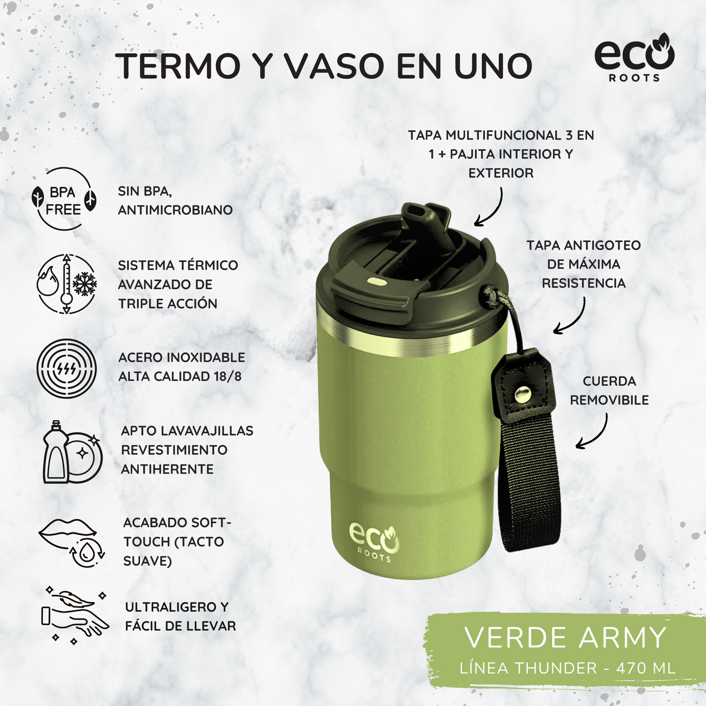 ECOROOTS Thunder I Termo 470 ml I Vaso térmico (Verde Army)