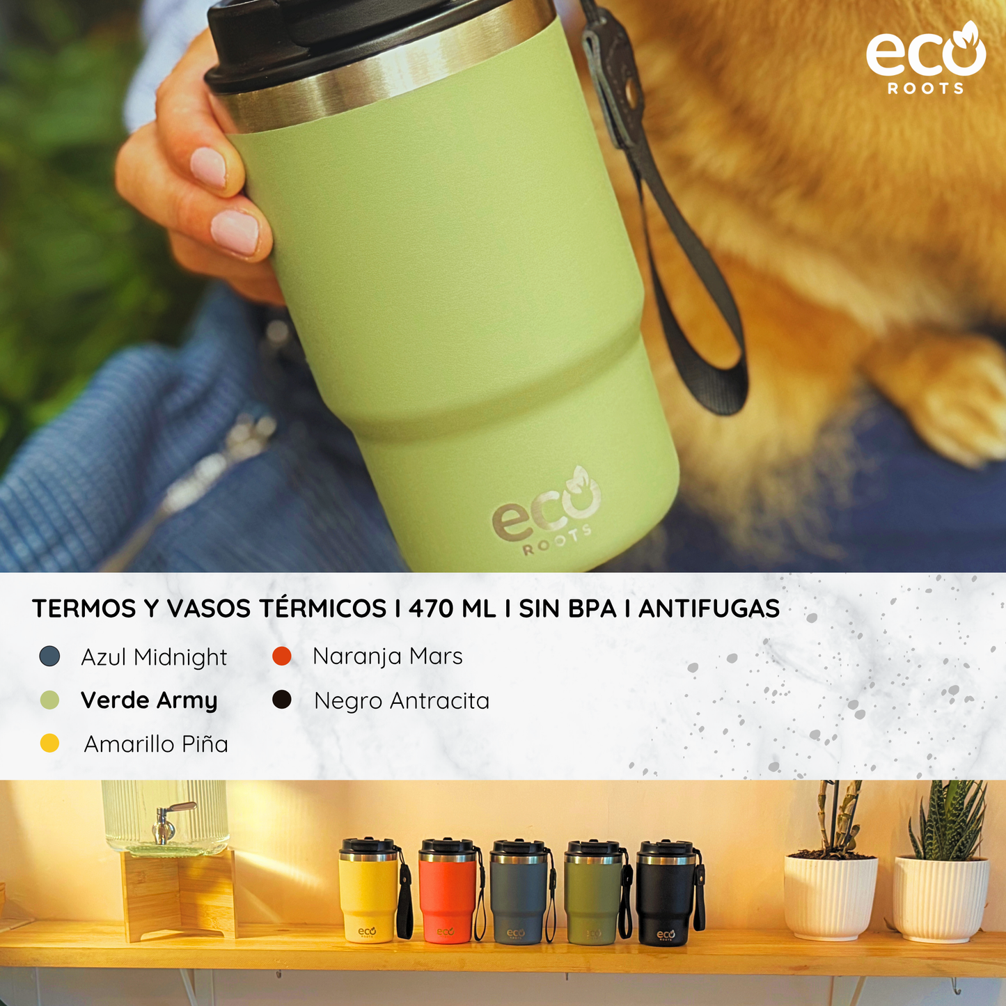 ECOROOTS Thunder I Termo 470 ml I Vaso térmico (Verde Army)