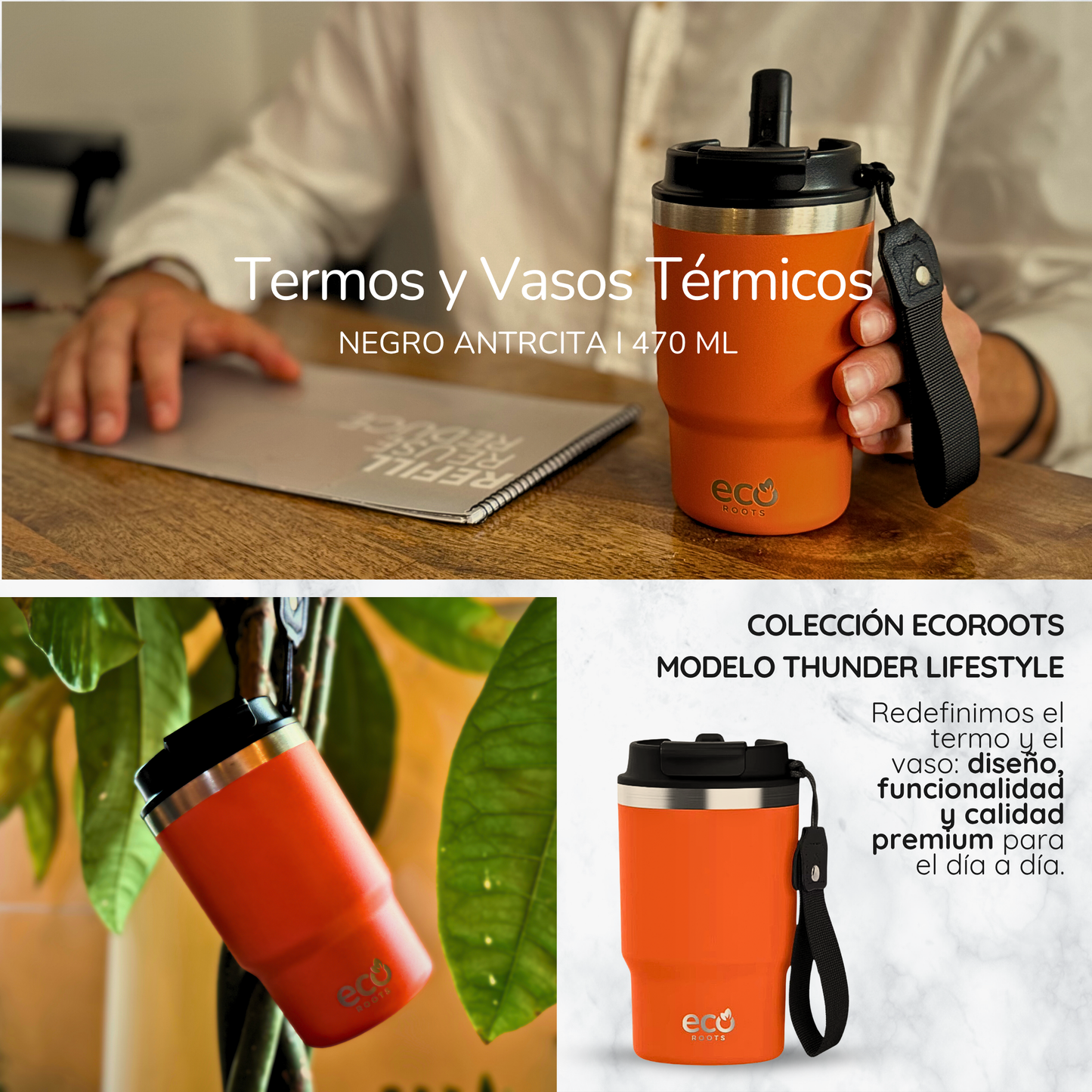 ECOROOTS Thunder I Termo 470 ml I Vaso térmico (Naranja Mars)