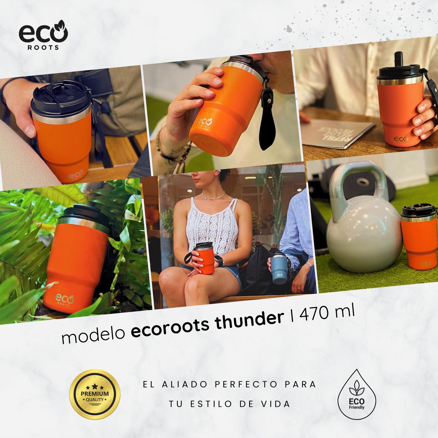 ECOROOTS Thunder I Termo 470 ml I Vaso térmico (Naranja Mars)