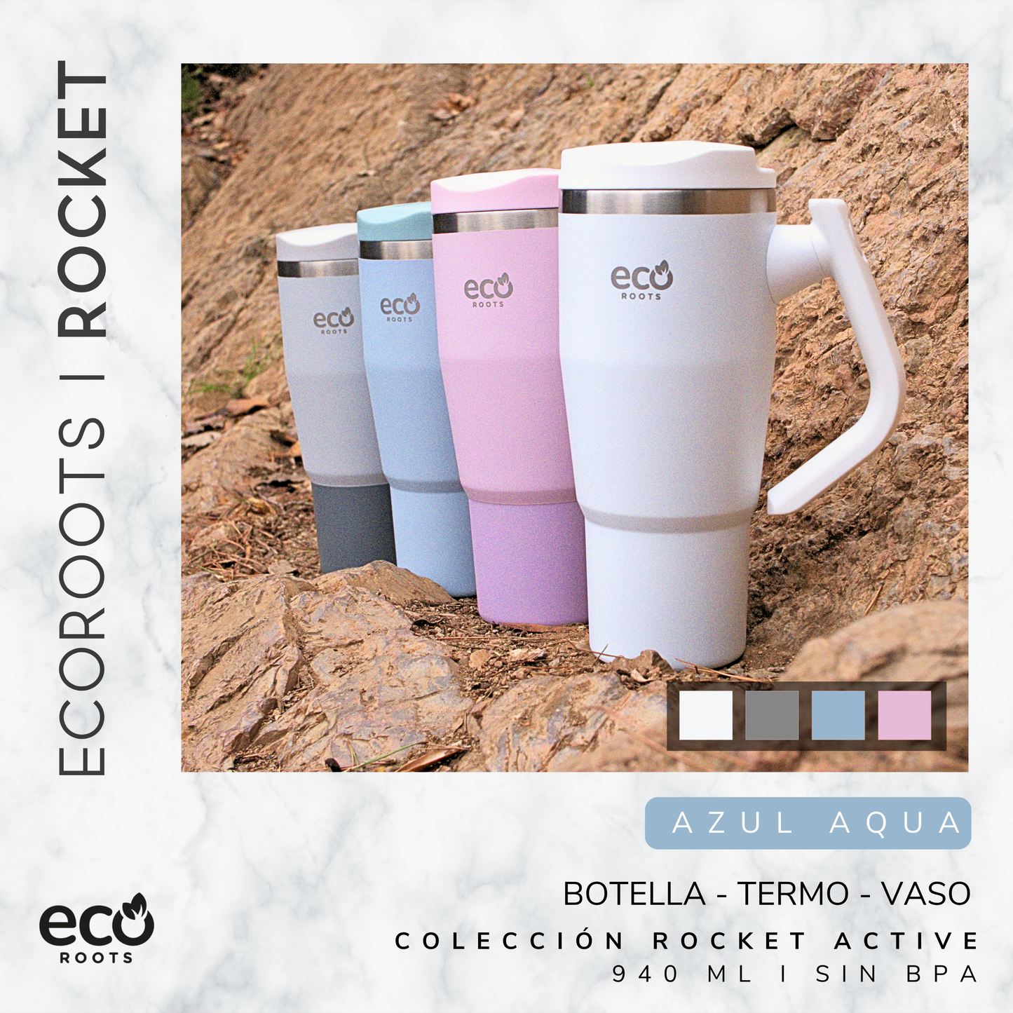 ECOROOTS Rocket I Botella Térmica I Termo 940 ml I Asa Giratoria 180º (Azul Aqua)