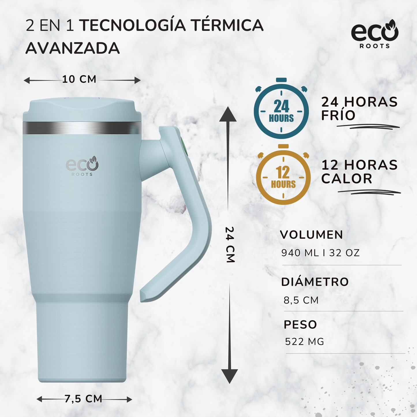 ECOROOTS Rocket I Botella Térmica I Termo 940 ml I Asa Giratoria 180º (Azul Aqua)