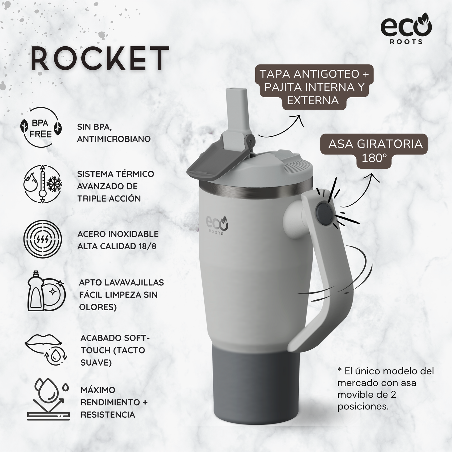 ECOROOTS Rocket I Botella Térmica I Termo 940 ml I Asa Giratoria 180º (Gris Nasa)
