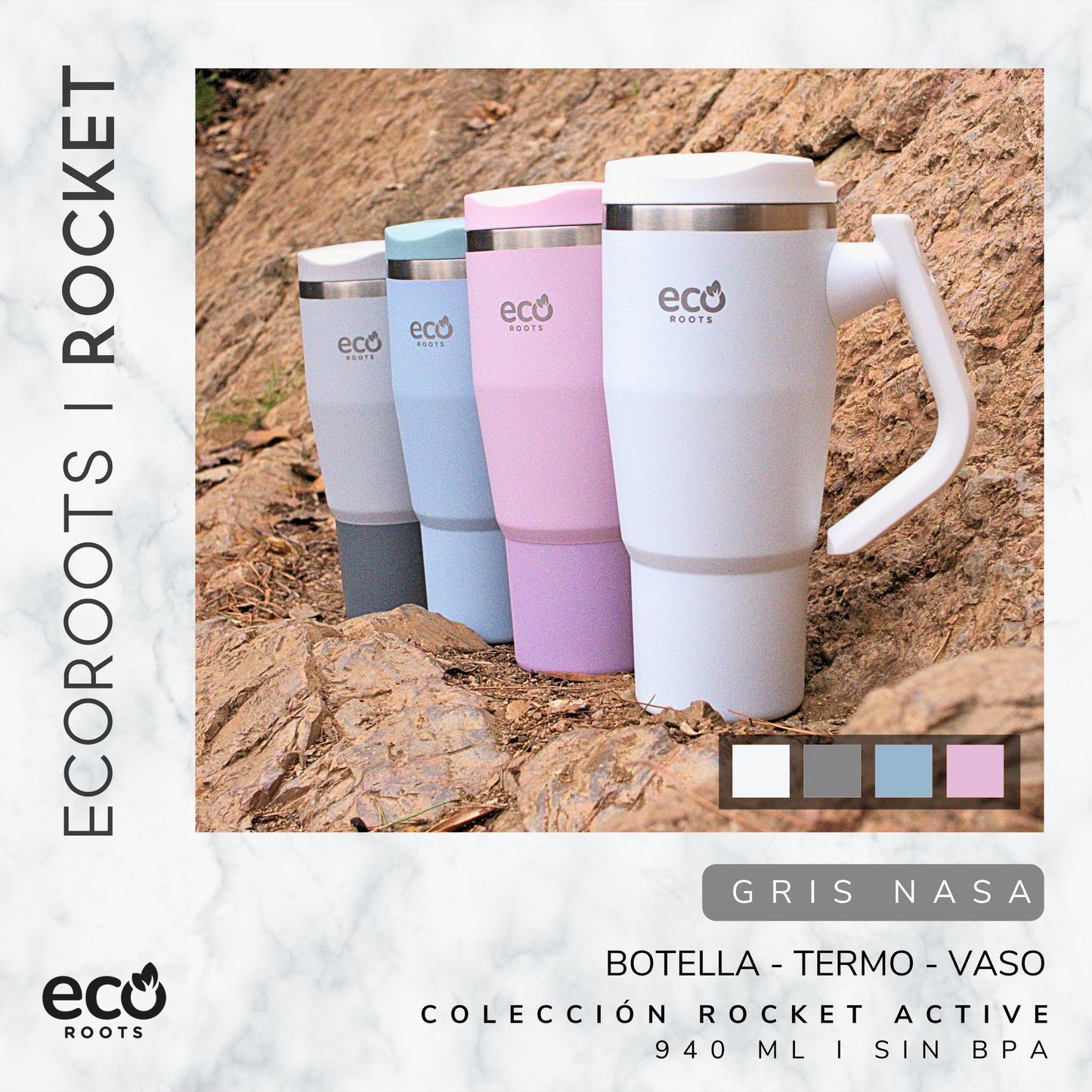 ECOROOTS Rocket I Botella Térmica I Termo 940 ml I Asa Giratoria 180º (Gris Nasa)