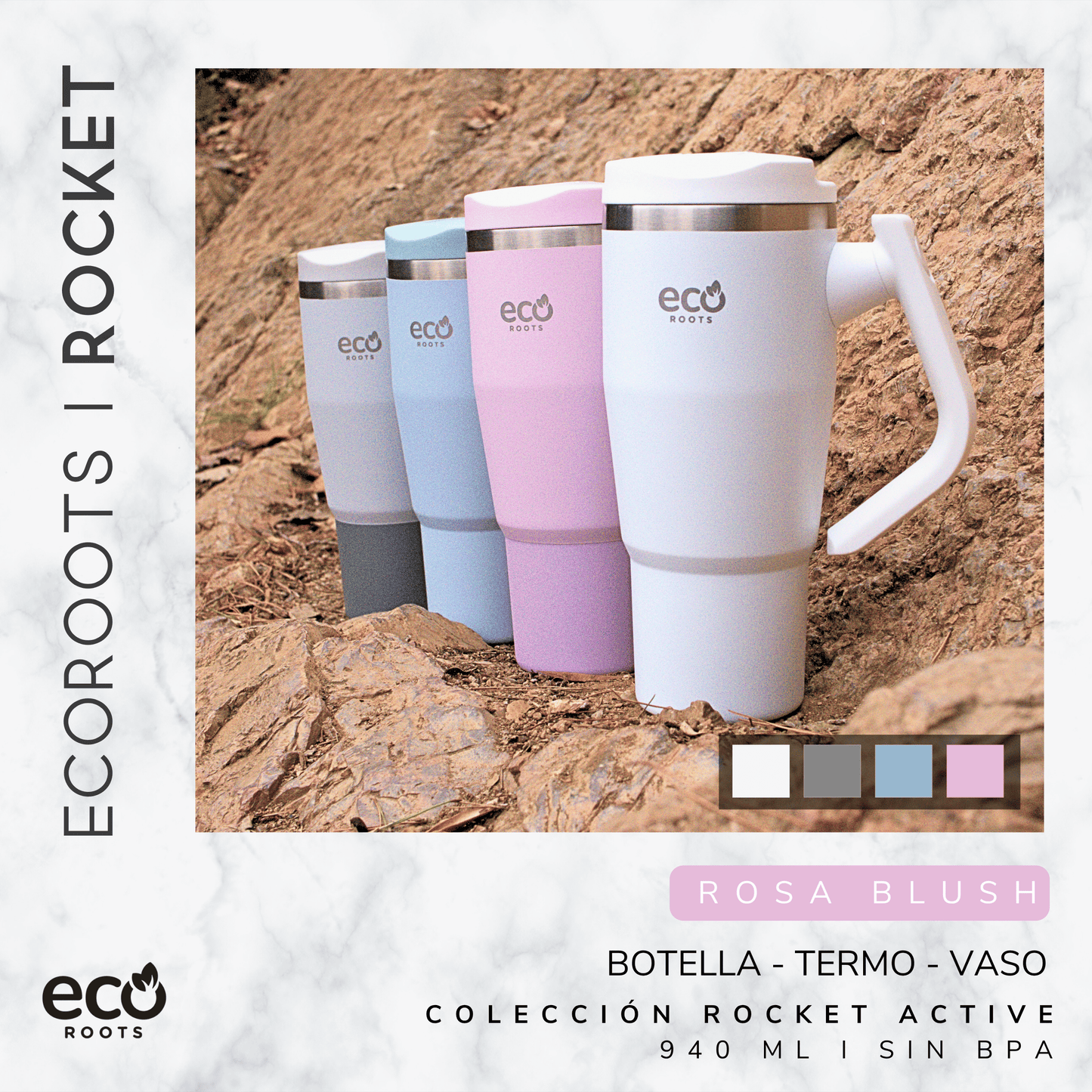 ECOROOTS Rocket I Botella Térmica I Termo 940 ml I Asa móvil (Rosa Blush)