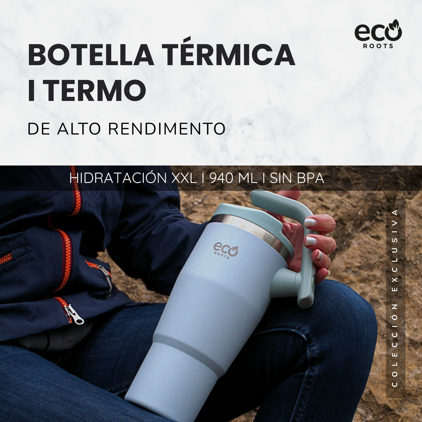 ECOROOTS Rocket I Botella Térmica I Termo 940 ml I Asa Giratoria 180º (Azul Aqua)