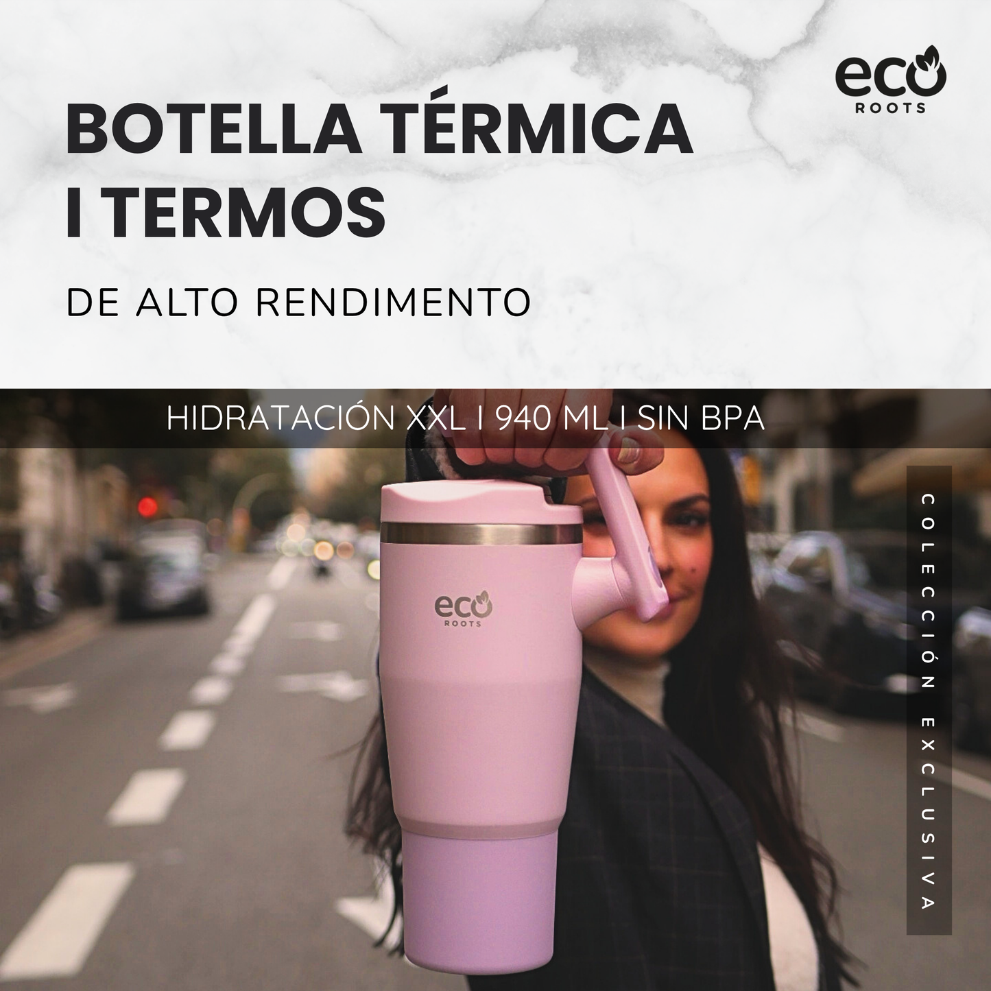 ECOROOTS Rocket I Botella Térmica I Termo 940 ml I Asa móvil (Rosa Blush)