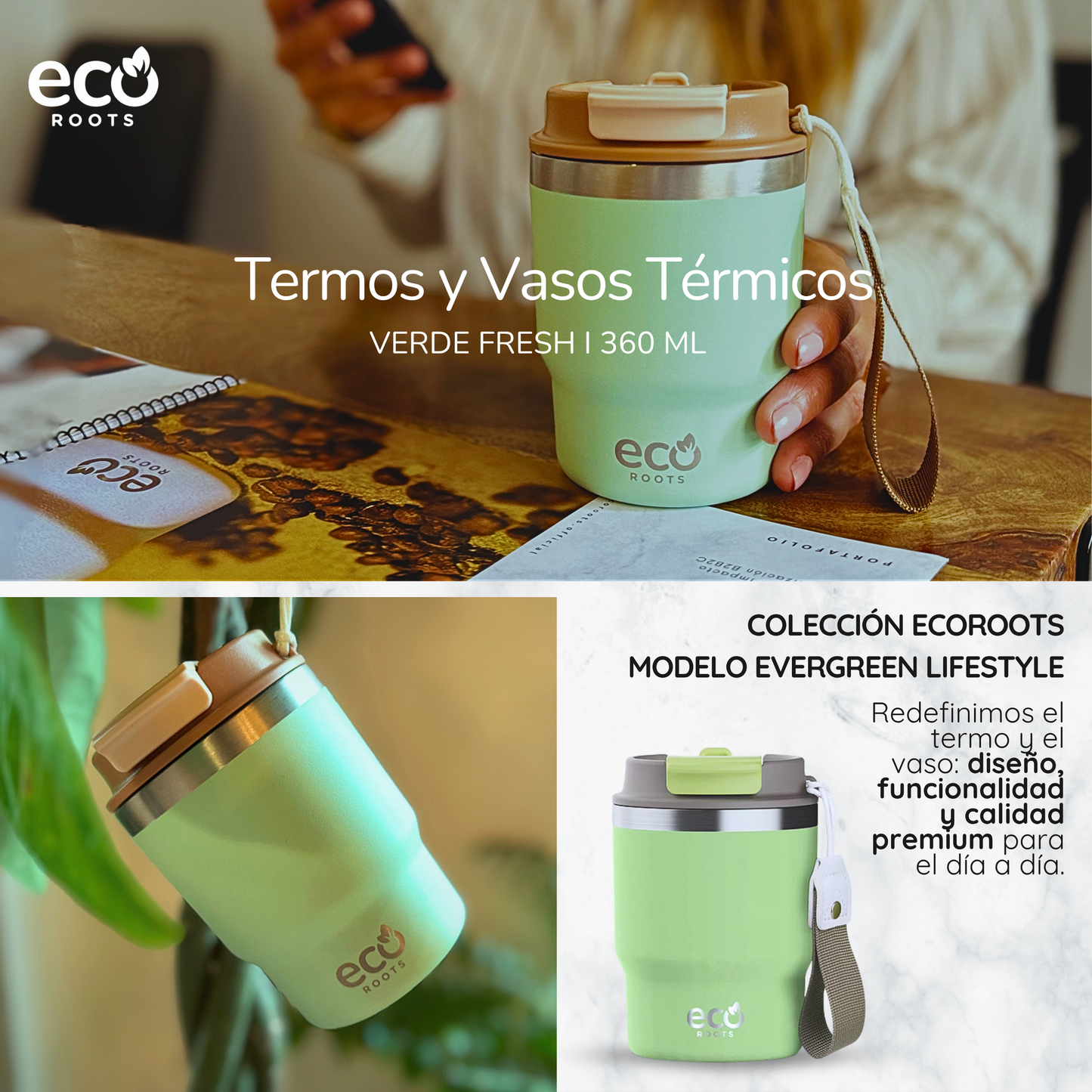 ECOROOTS Evergreen I Taza Térmica 360 º I Vaso térmico (Verde Fresh) 🛒 (PRÓXIMAMENTE)