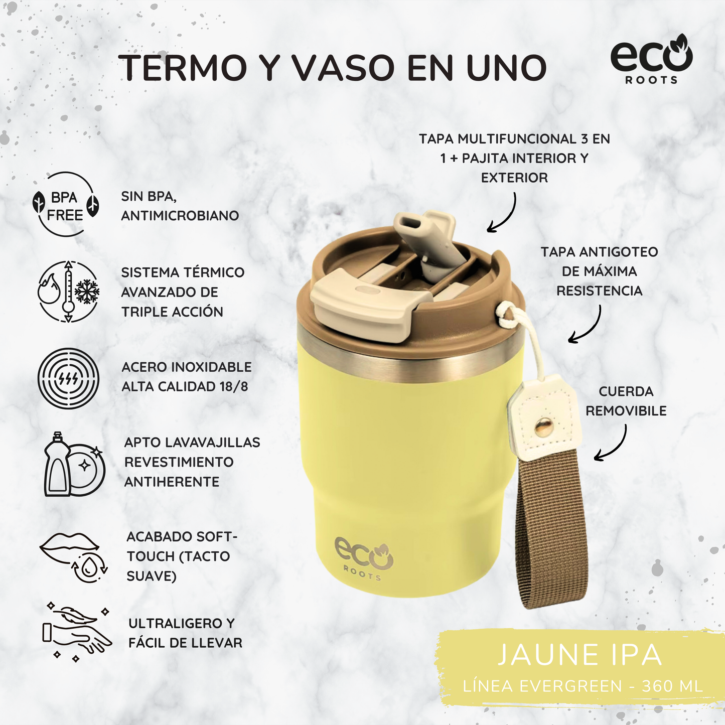 ECOROOTS Evergreen I Termo 360 º I Taza térmica (Amarillo Ipa)
