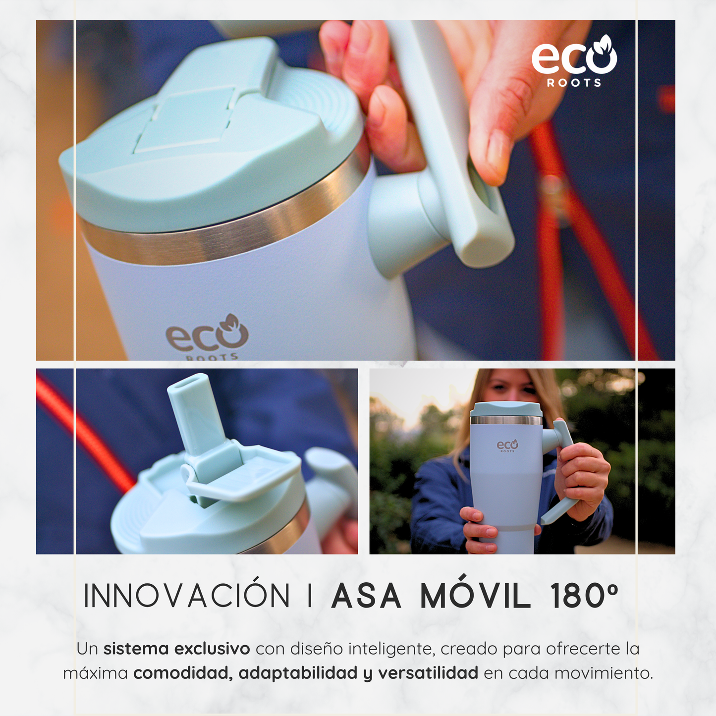 ECOROOTS Rocket I Botella Térmica I Termo 940 ml I Asa Giratoria 180º (Azul Aqua)