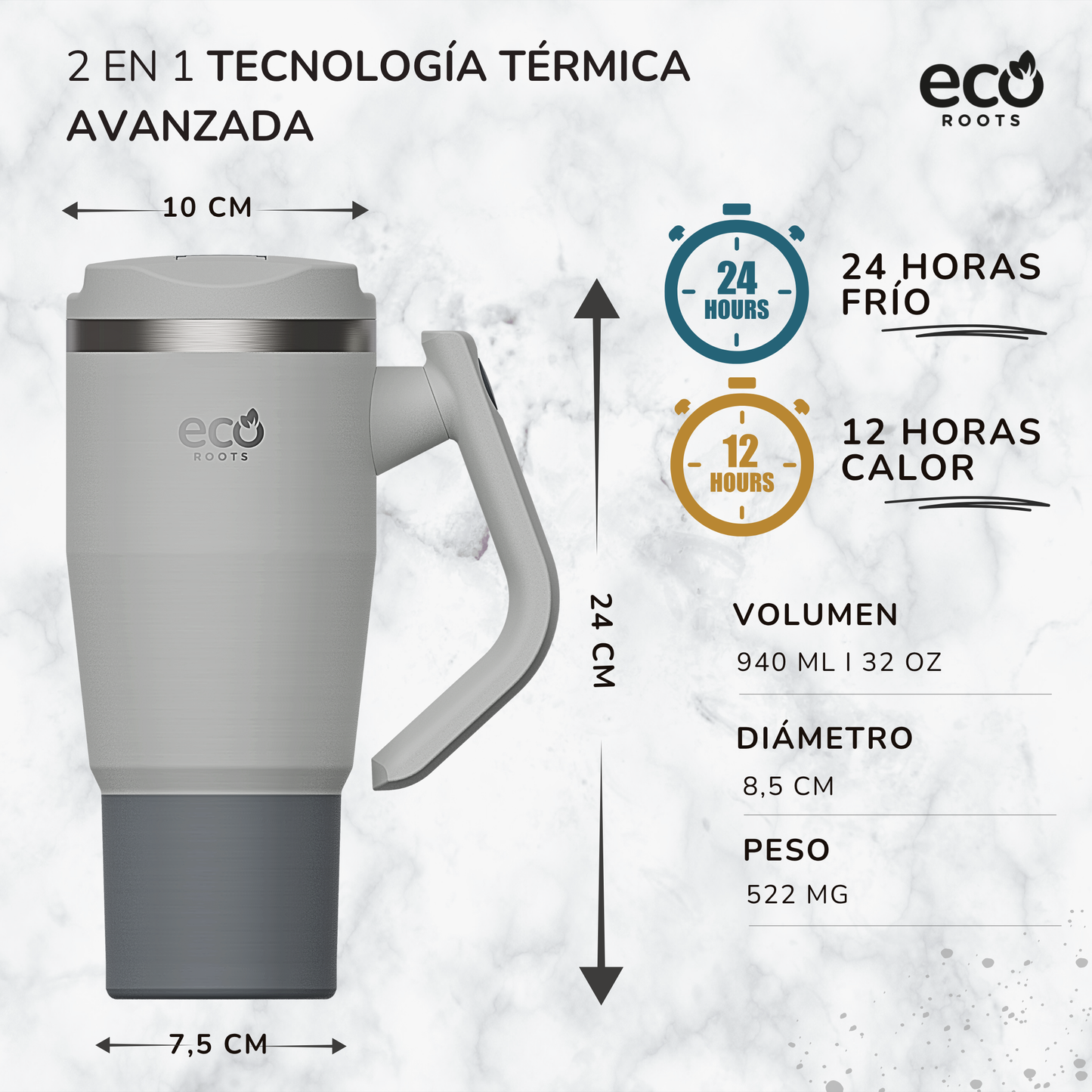 ECOROOTS Rocket I Botella Térmica I Termo 940 ml I Asa Giratoria 180º (Gris Nasa)