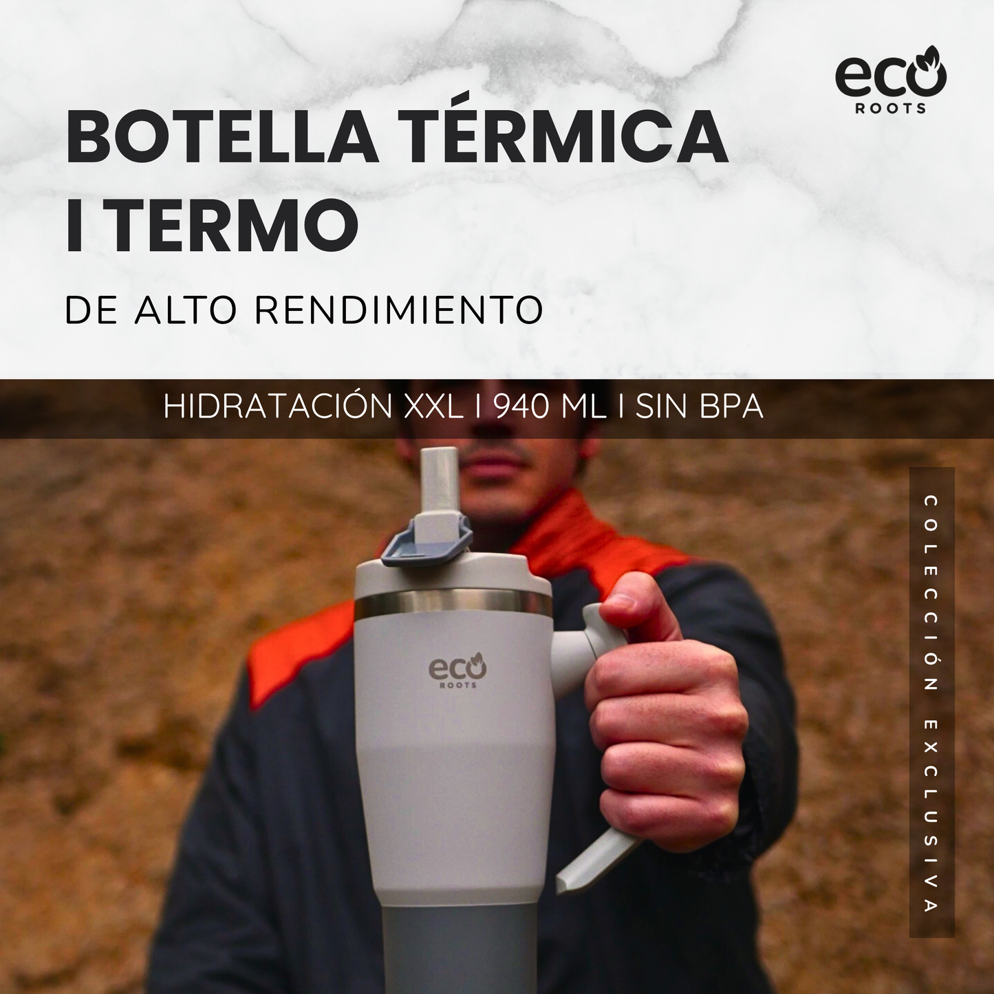 ECOROOTS Rocket I Botella Térmica I Termo 940 ml I Asa Giratoria 180º (Gris Nasa)