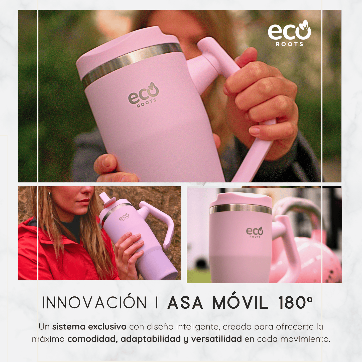 ECOROOTS Rocket I Botella Térmica I Termo 940 ml I Asa móvil (Rosa Blush)