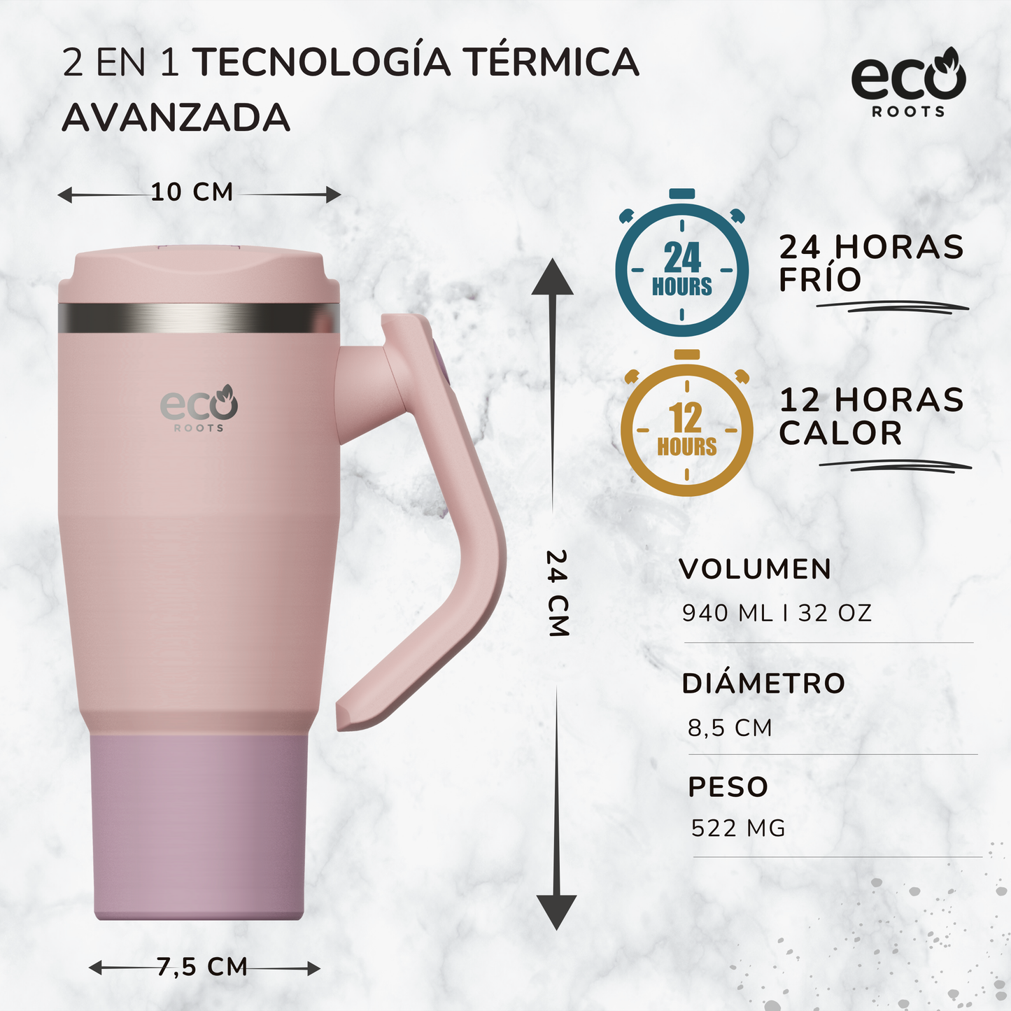 ECOROOTS Rocket I Botella Térmica I Termo 940 ml I Asa móvil (Rosa Blush)