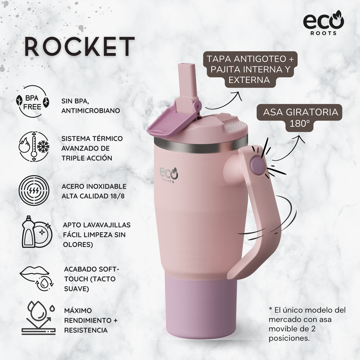 ECOROOTS Rocket I Botella Térmica I Termo 940 ml I Asa móvil (Rosa Blush)