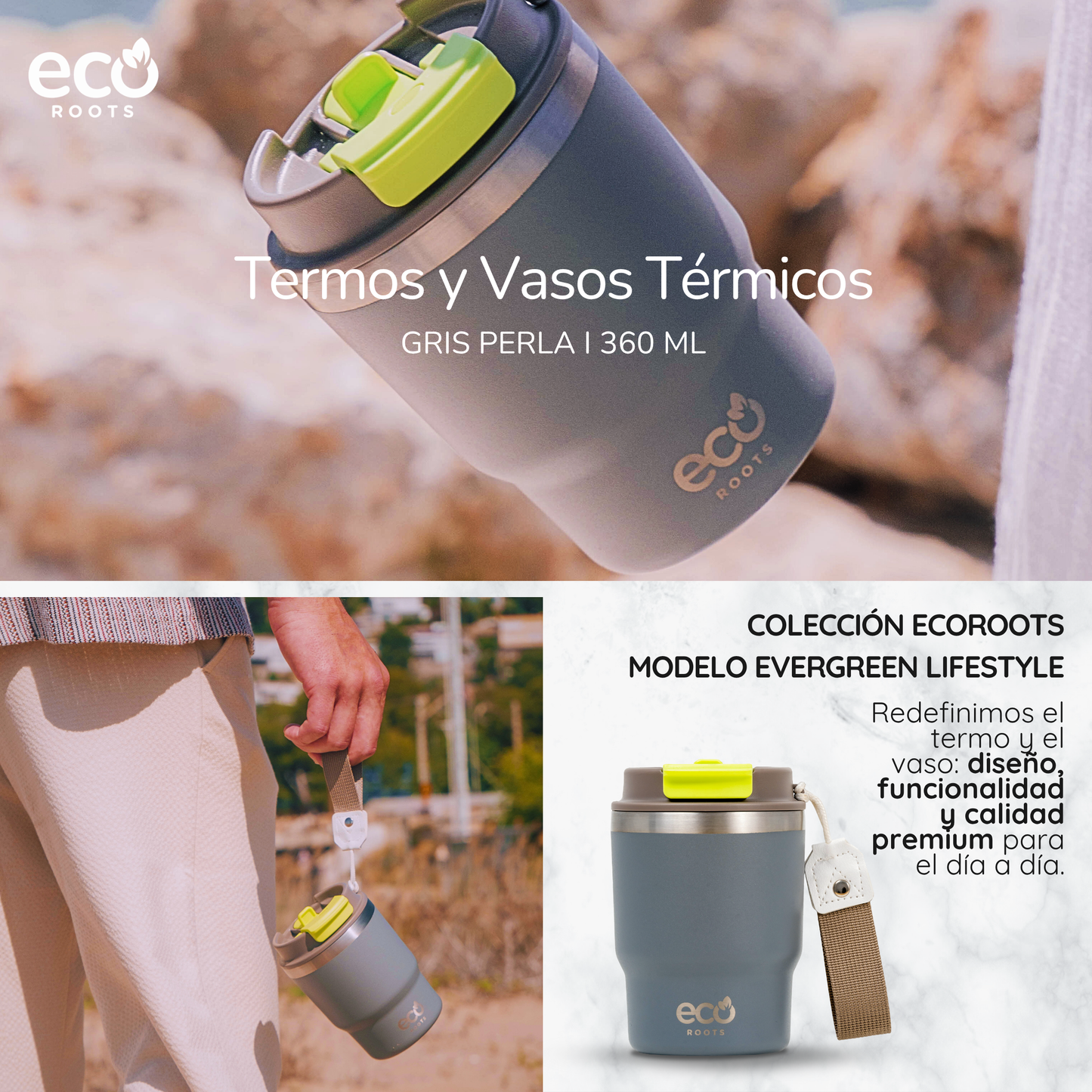 ECOROOTS Evergreen I Termo 360 º I Vaso térmico (Gris Perla)
