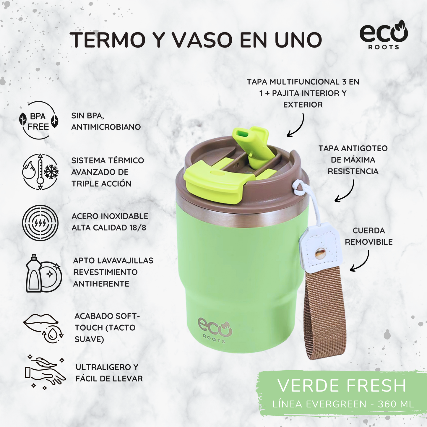 ECOROOTS Evergreen I Taza Térmica 360 º I Vaso térmico (Verde Fresh) 🛒 (PRÓXIMAMENTE)
