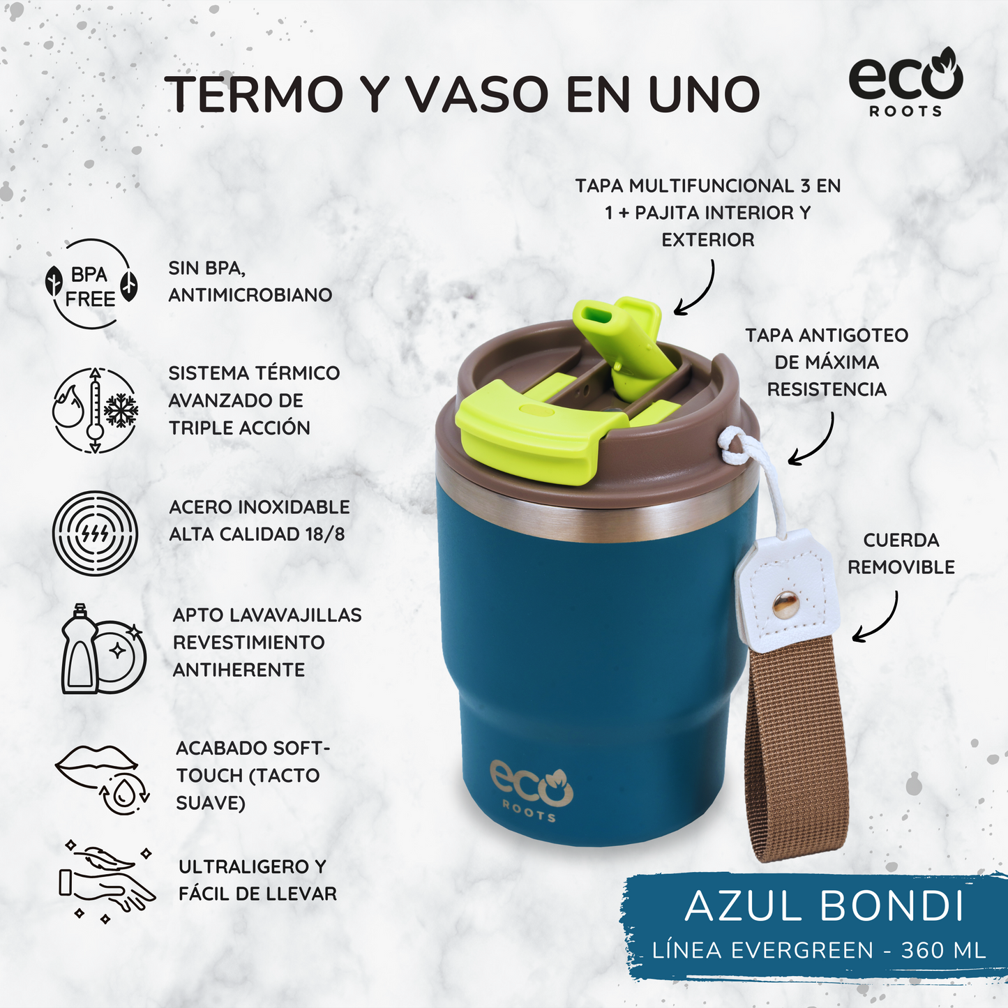 ECOROOTS Evergreen I Termo 360 º I Vaso térmico (Azul Bondi)