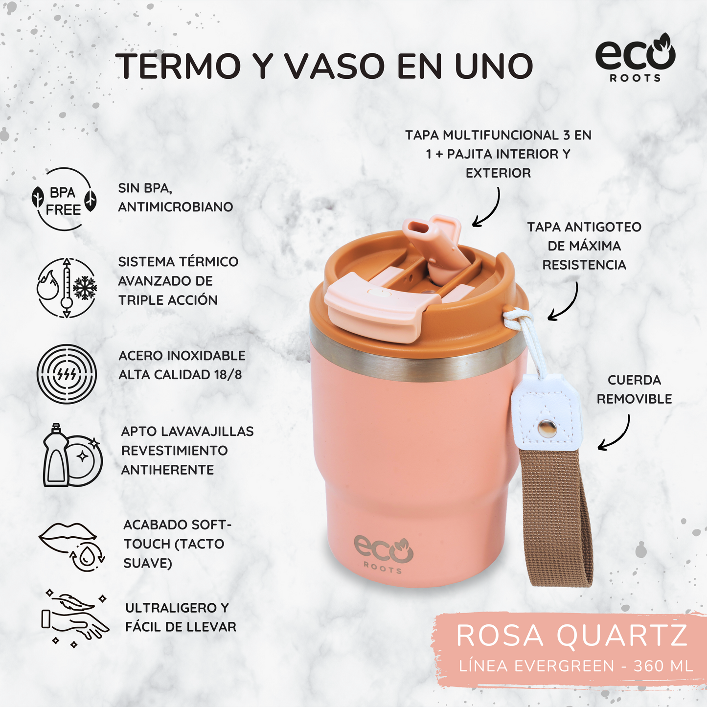 ECOROOTS Evergreen I Termo 360 º I Vaso térmico (Rosa Quartz)