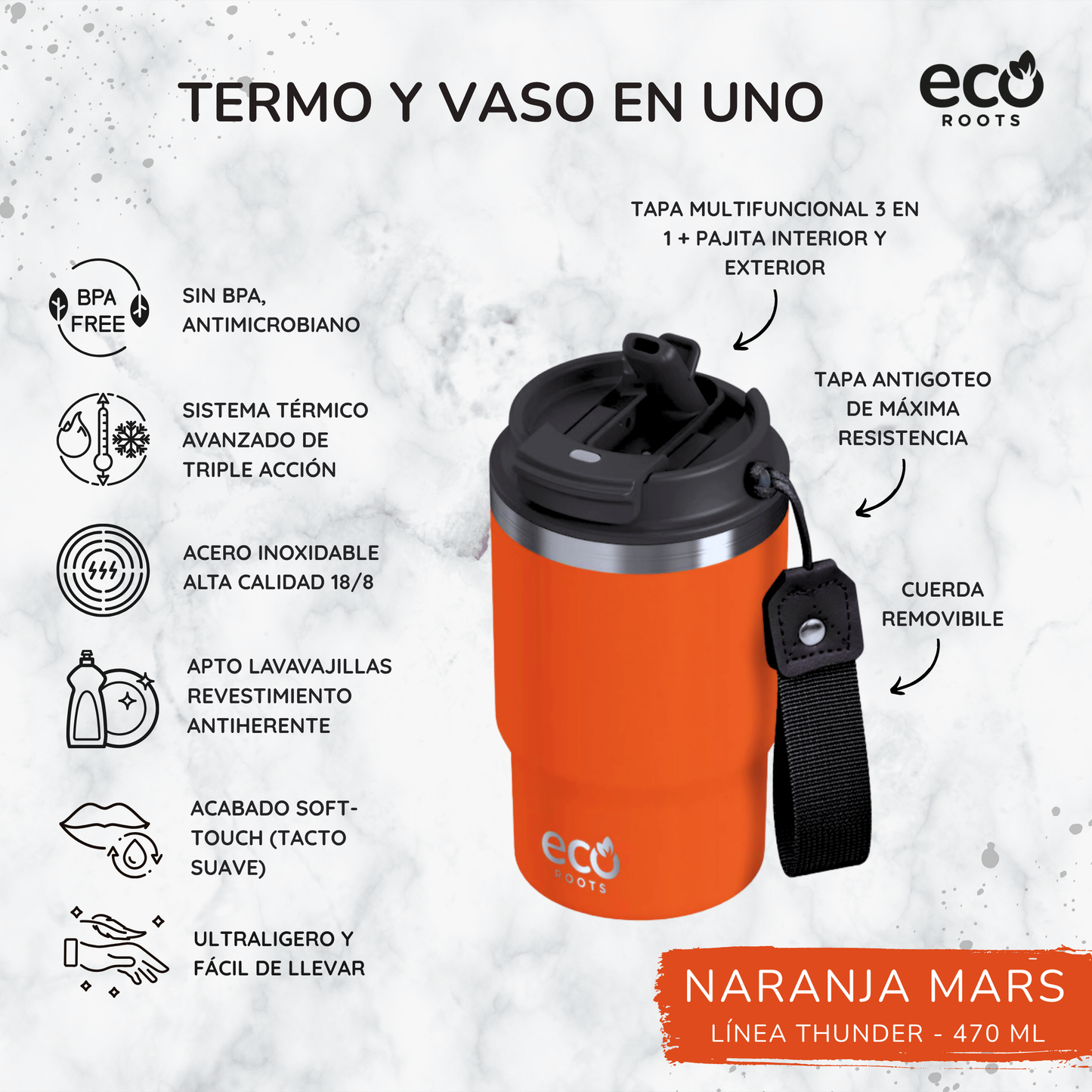 ECOROOTS Thunder I Termo 470 ml I Vaso térmico (Naranja Mars)