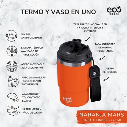ECOROOTS Thunder I Termo 470 ml I Vaso térmico (Naranja Mars)