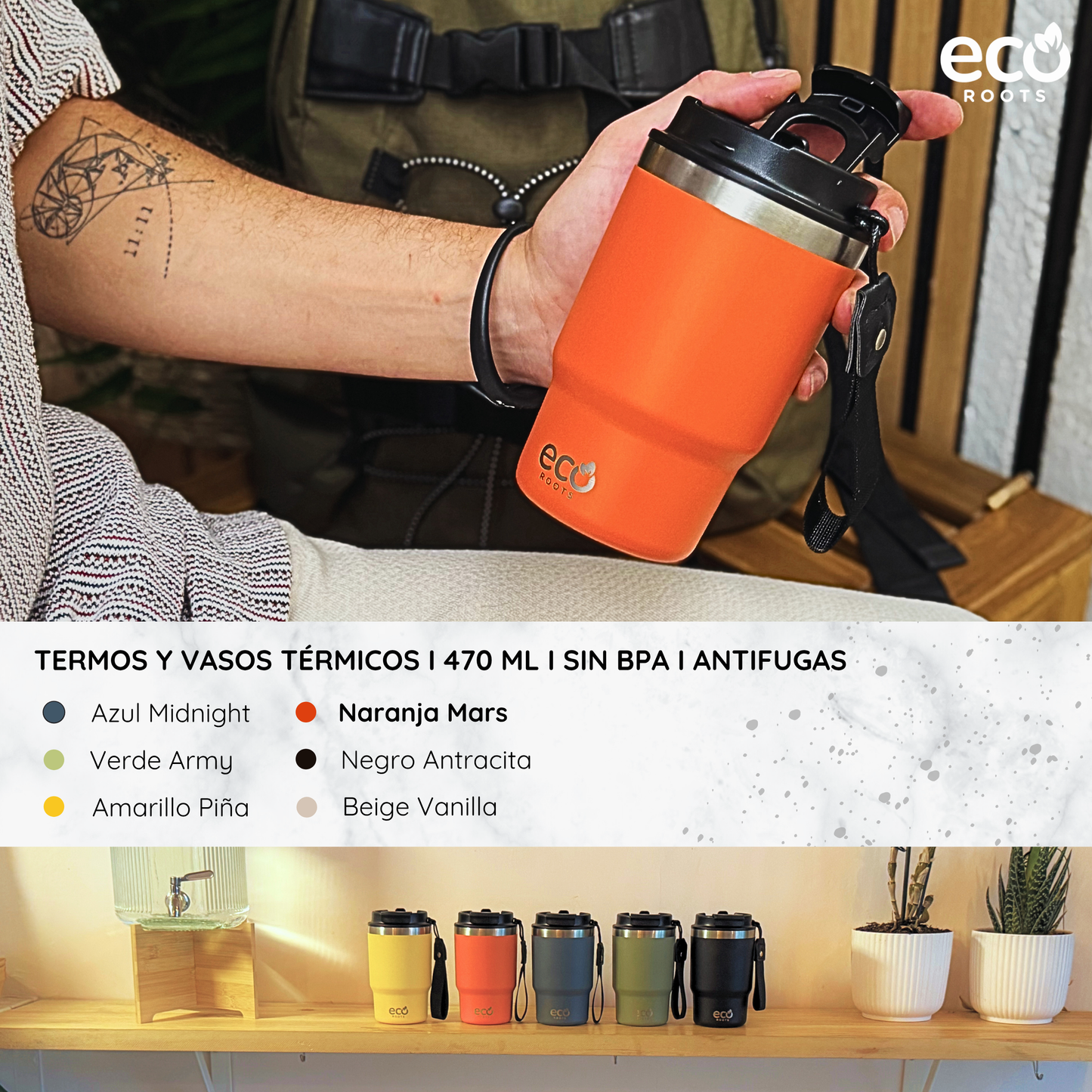 ECOROOTS Thunder I Termo y vaso térmico 470 ml (Naranja Mars)