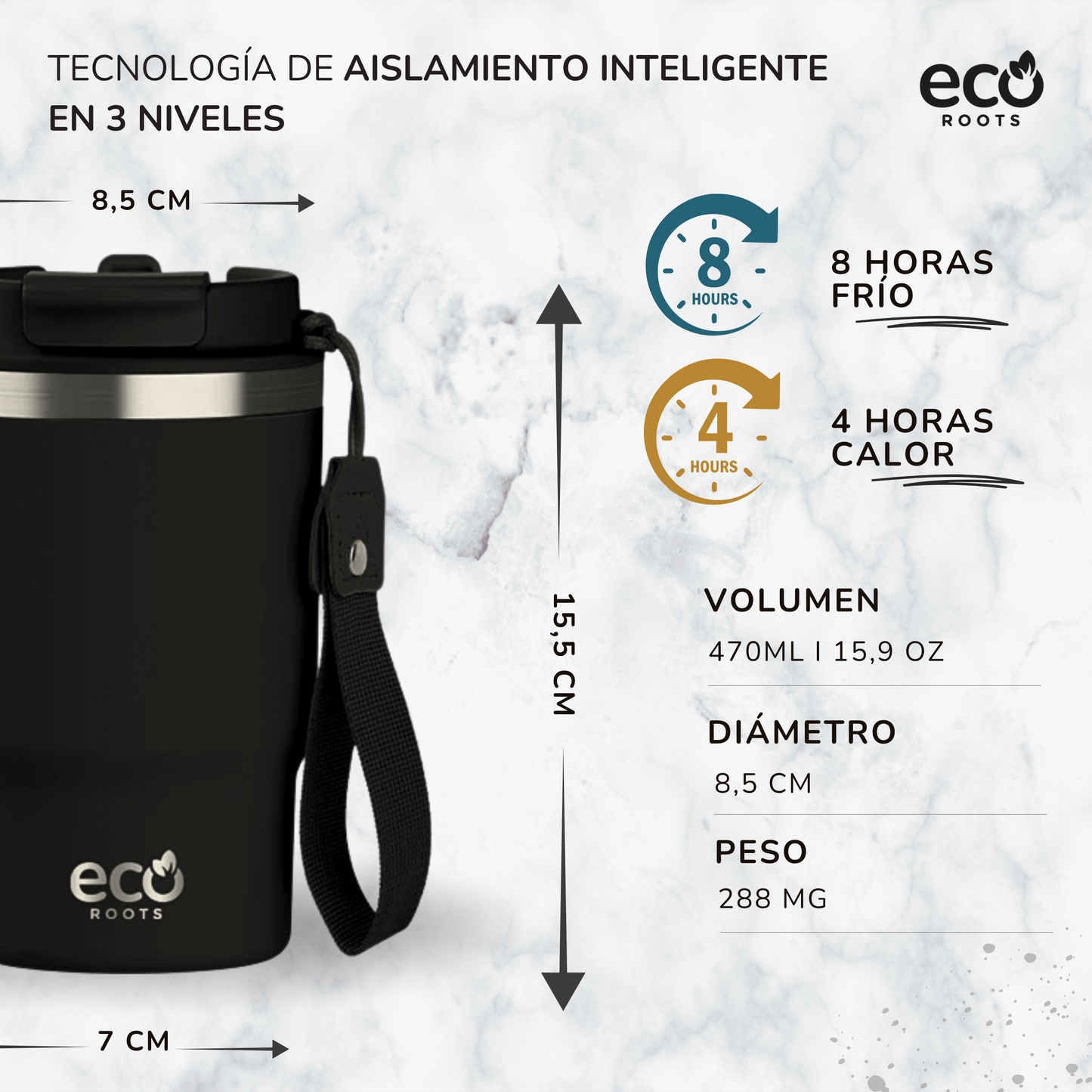 ECOROOTS Thunder I Termo y vaso térmico 470 ml (Negro Antracita)