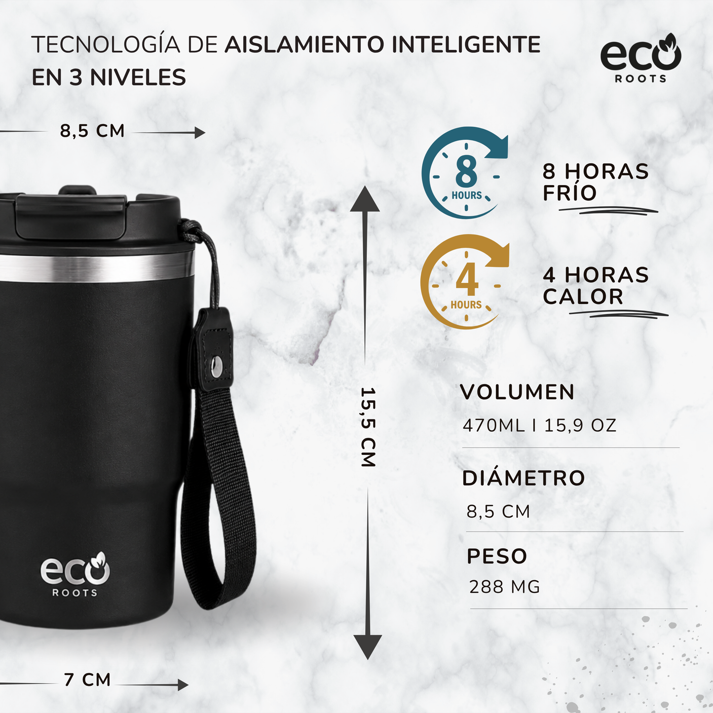 ECOROOTS Thunder I Termo y vaso térmico 470 ml (Negro Antracita)