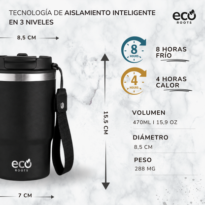 ECOROOTS Thunder I Termo y vaso térmico 470 ml (Negro Antracita)