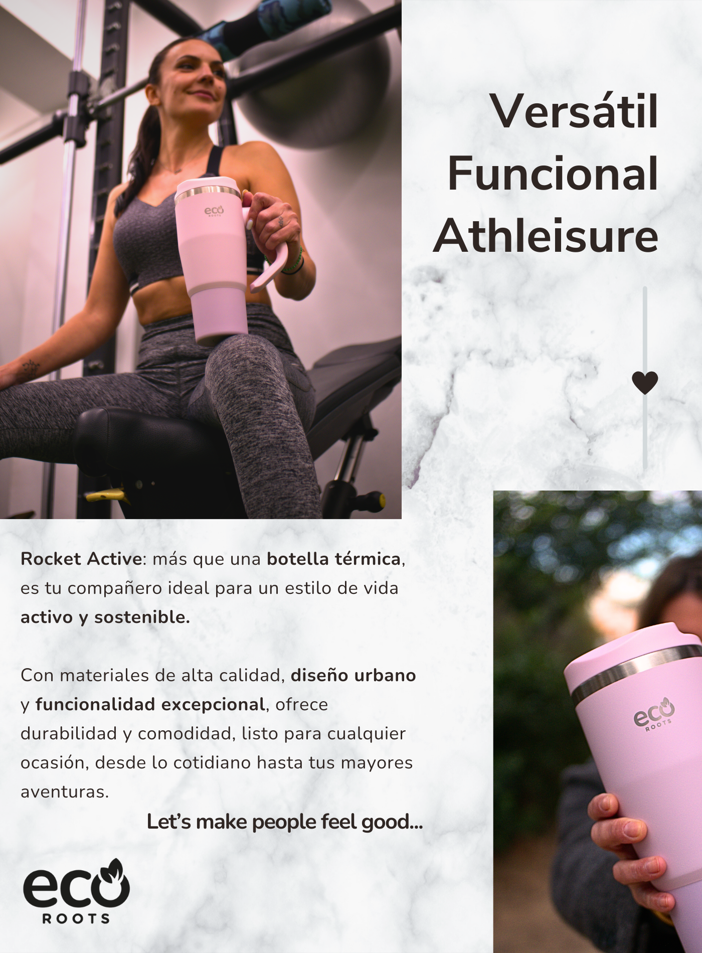 ECOROOTS I Rocket Active I Botella Térmica I Termo I Asa móvil I Rosa Blush I 940 ml